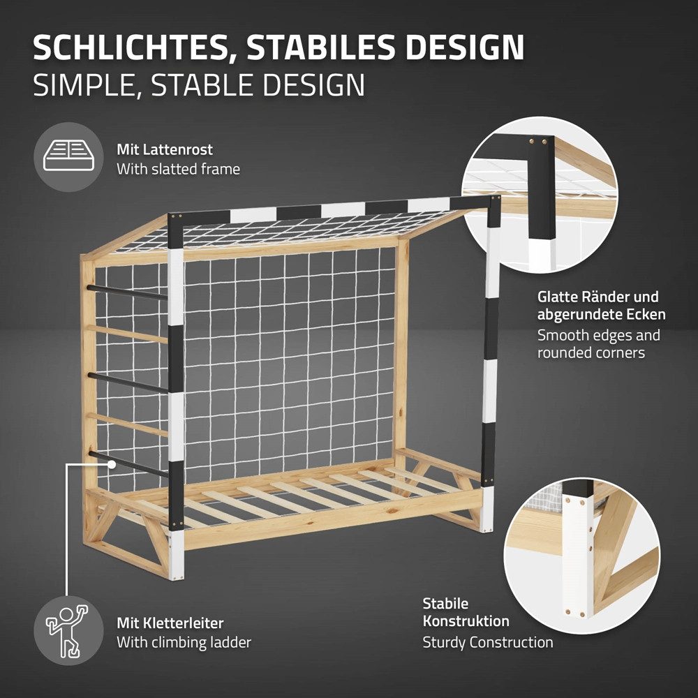 ML-DESIGN Spielbett Kinderbett Fußballtor Holzbett mit Lattenrost Kletterleiter & Netz, Handballtor Abenteuerbett 80x160cm Natur für Kinder aus Kiefernholz
