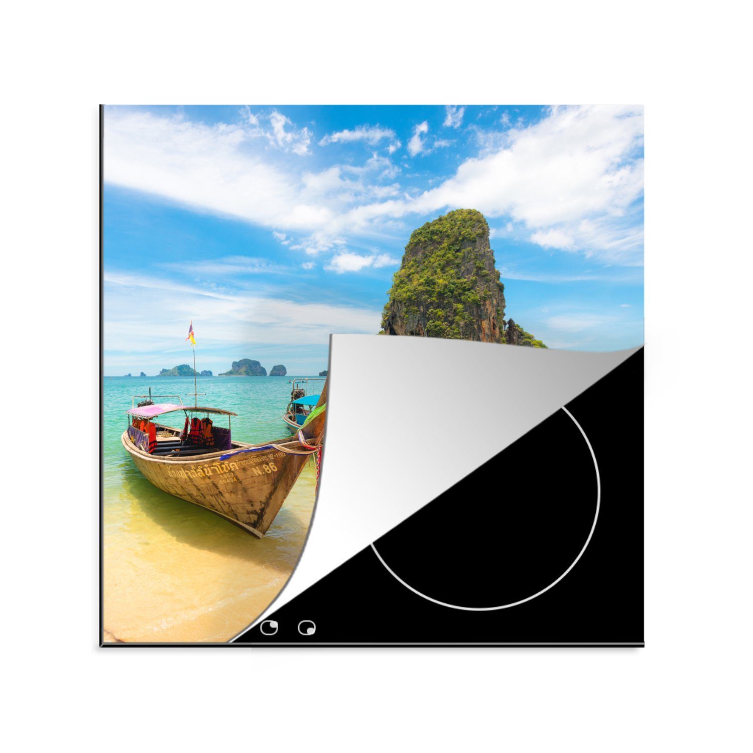 Arbeitsplatte Thailand Boot Felsen, küche cm, - MuchoWow für 78x78 Herdblende-/Abdeckplatte Vinyl, Ceranfeldabdeckung, tlg), (1 -