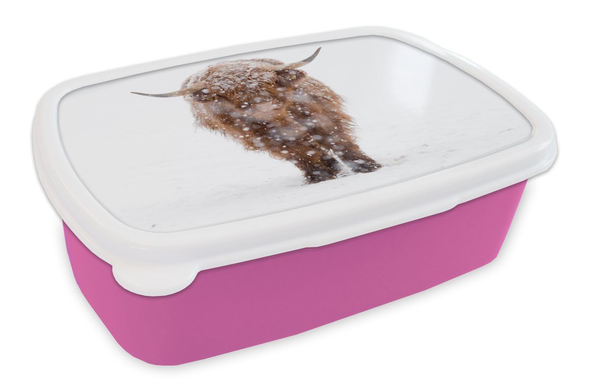 MuchoWow Lunchbox Schottischer Highlander - rosa Erwachsene, Brotdose Kuh - Kunststoff, Snackbox, Kinder, (2-tlg), Mädchen, Brotbox für Schnee, Kunststoff
