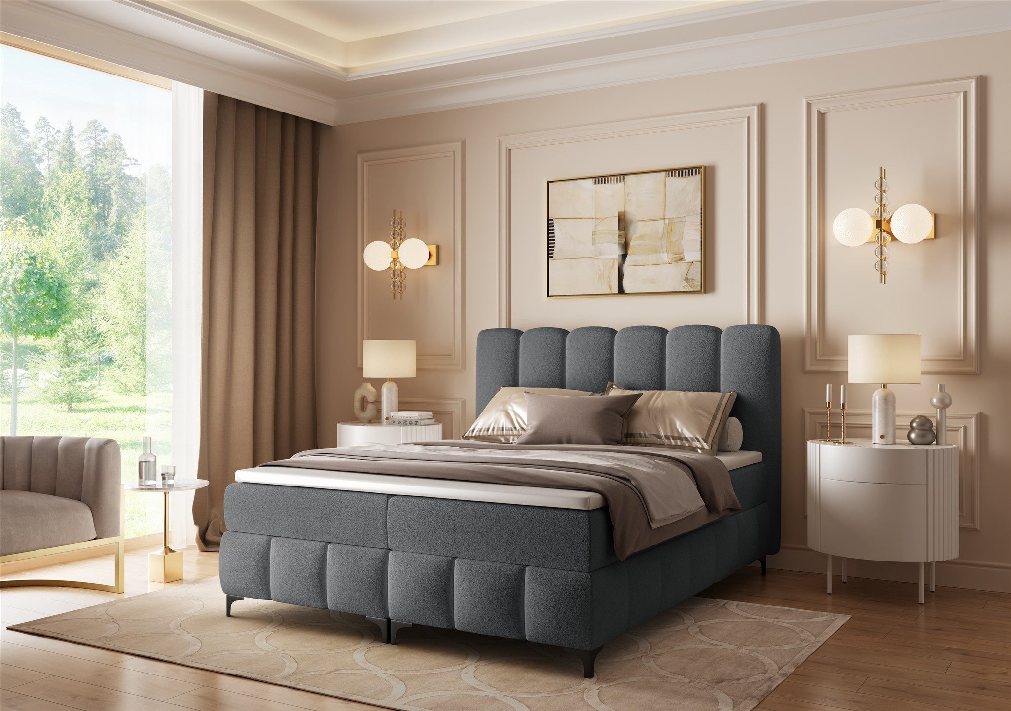 Fun Möbel Boxbett Schlafzimmerbett FUN ALEGRA in Stoff Prime (Gepolstertes Kopfteil, inkl. Bettkasten), inkl. Topper