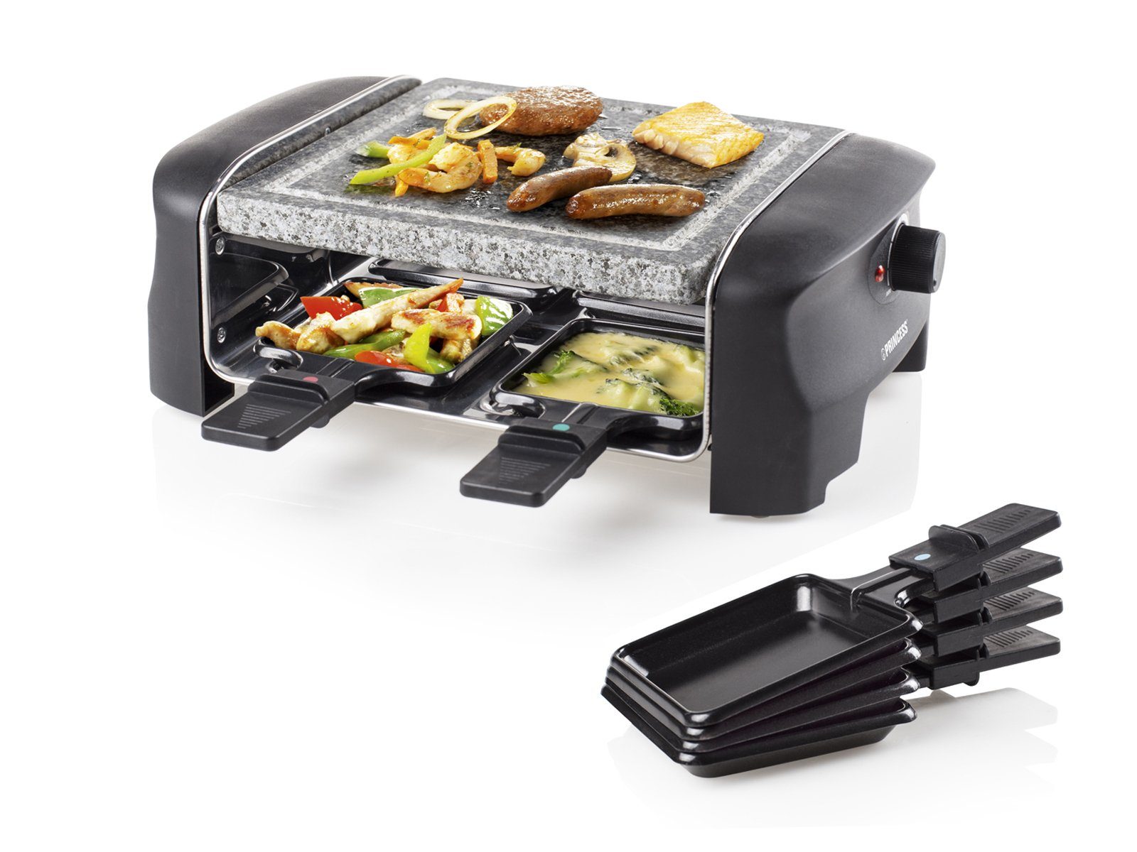 PRINCESS Раклетници, 4 Раклетнициpfännchen, 600 W, Stonegrillparty Tischgrill 2-4 Personen Gerät heißer Stein-Platte