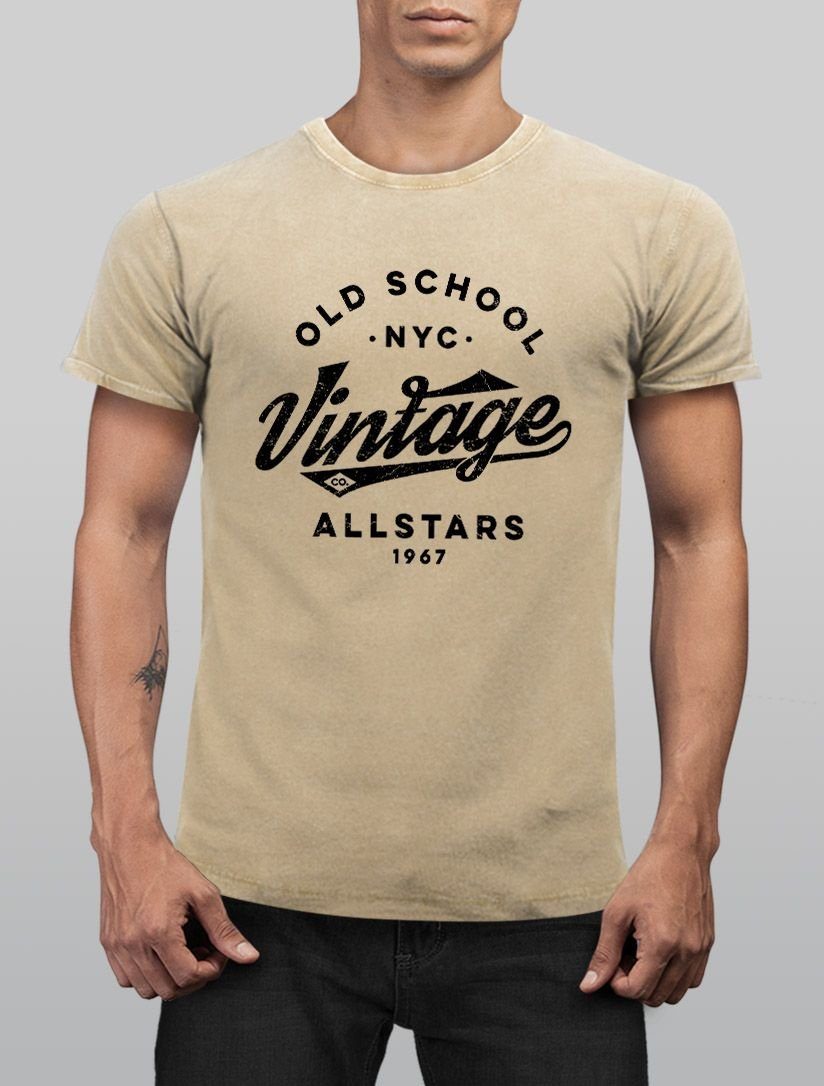 Used Herren Neverless® Look Old mit Print Schriftzug Printshirt Shirt Print-Shirt NYC Allstars Retro Slim Design Vintage Neverless Fit natur School