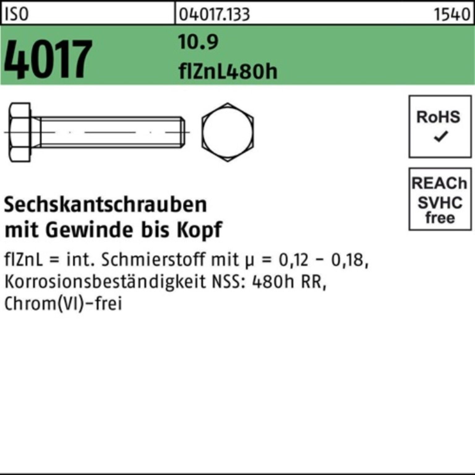 10.9 1 4017 Sechskantschraube Sechskantschraube M10x VG 100er Bufab ISO zinklamellenb. Pack 55