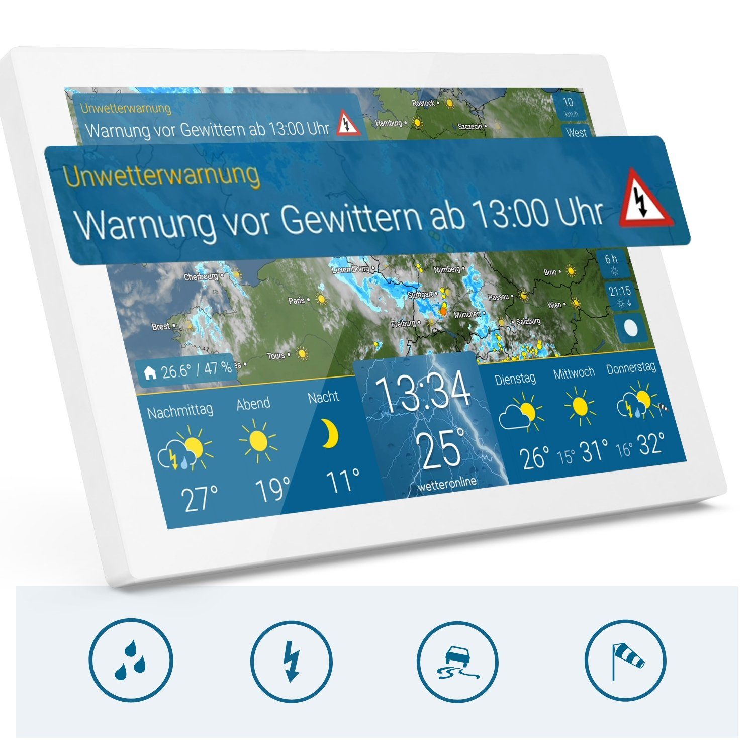 WetterOnline home 3 – WetterDisplay mit WetterRadar – neue Generation inkl.  Sensor Wetterstation (inkl. Netzteil, USB-Kabel und Schnellstart-Anleitung,  neuem Raumklima-Sensor und Premium-Wetterdaten von WetterOnline)