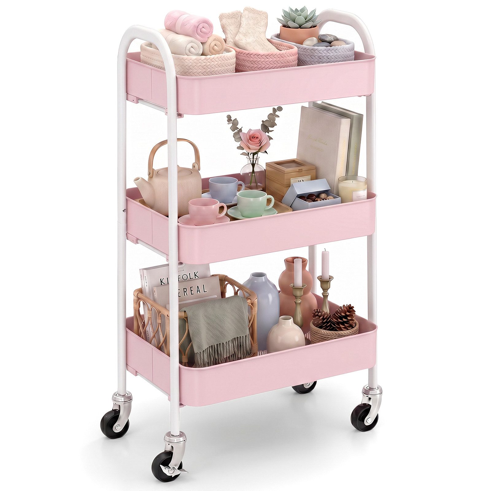 Sekey Küchenwagen Servierwagen mit Rollen Beistellwagen mit 3 Ablageebenen aus Metall, Rosa, Innovatives Klick-Design für schnelle Montage ohne Schrauben