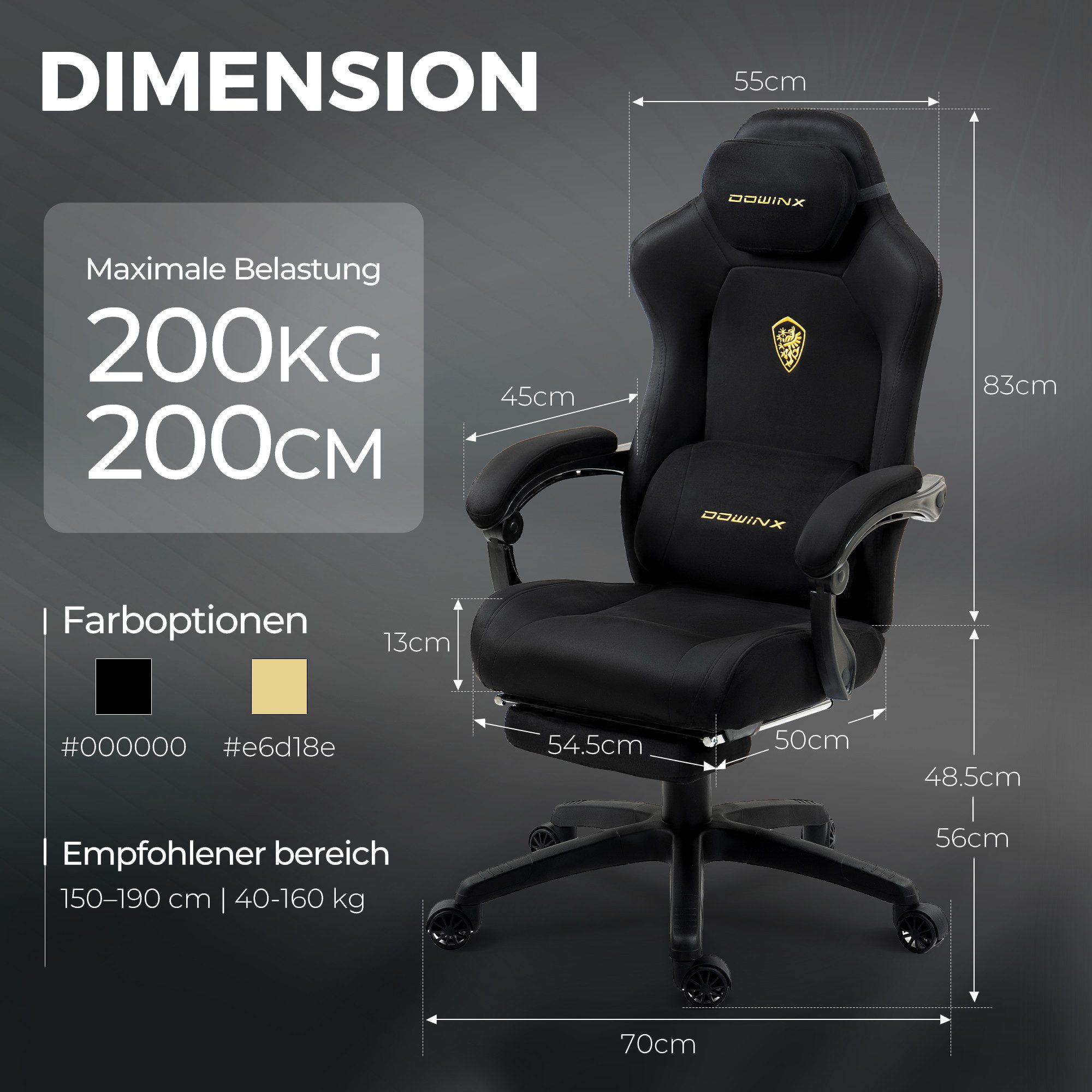 Dowinx Gaming-Stuhl Atmungsaktiver und Ergonomischer Bürostuhl aus Mikrofaser-Velours (Packung), Weiches Sitzgefühl, Verstellbarer Schreibtischstuhl mit Fußstüt – Bild 4 von 5