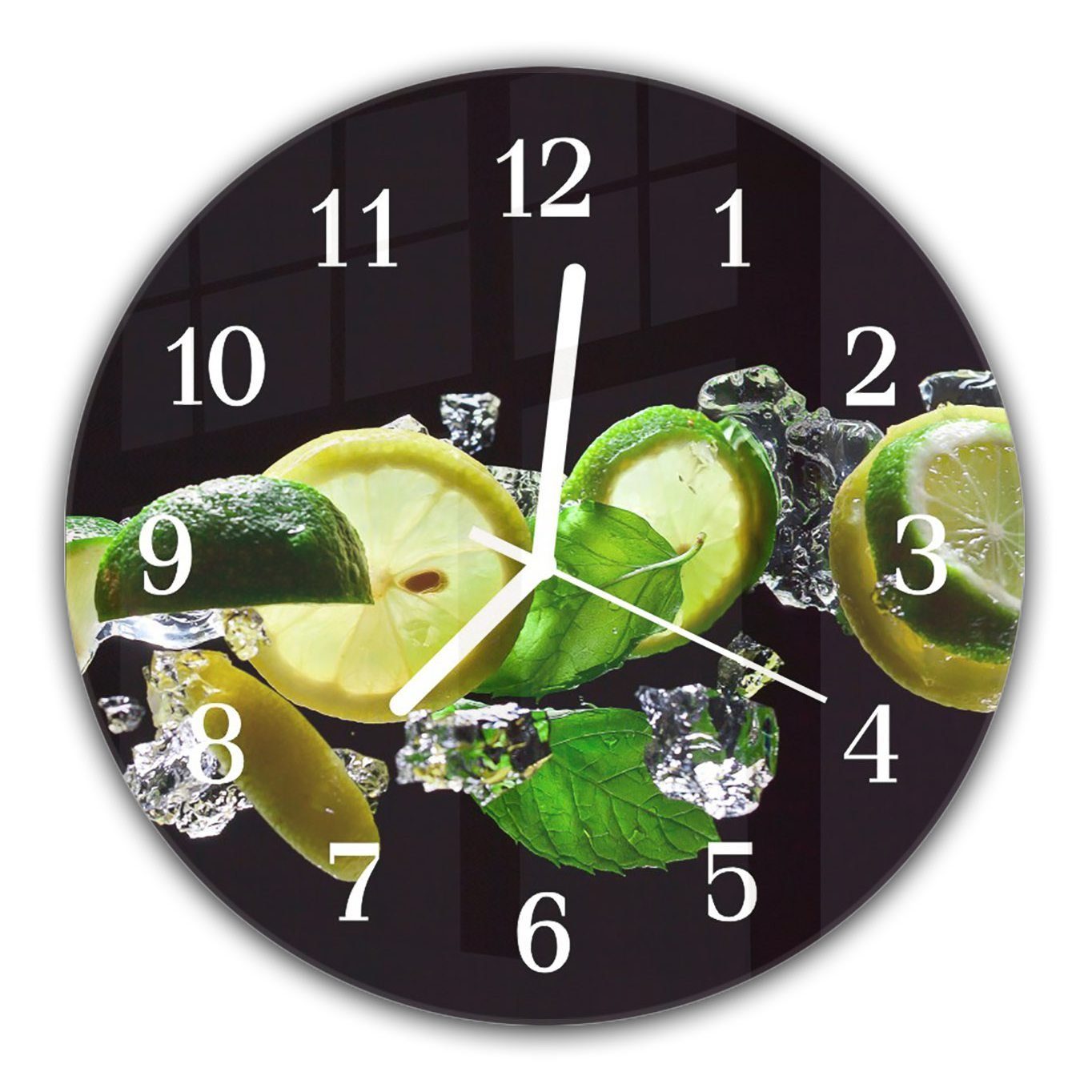 Primedeco Wanduhr Wanduhr aus Glas mit Motiv Limetten, Zitrone uns Pfefferminz - Rund mit Durchmesser 30 cm und Quarzuhrwerk