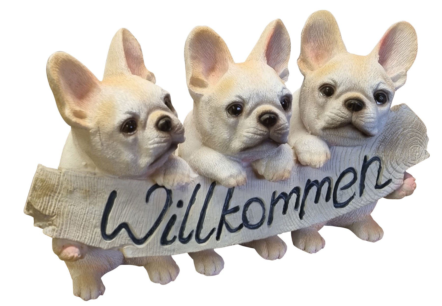 drei Bulldoggen Gartenfigur Fachhandel Schild Plus St), (1 Willkommen Dekofigur, wetterfest Garten