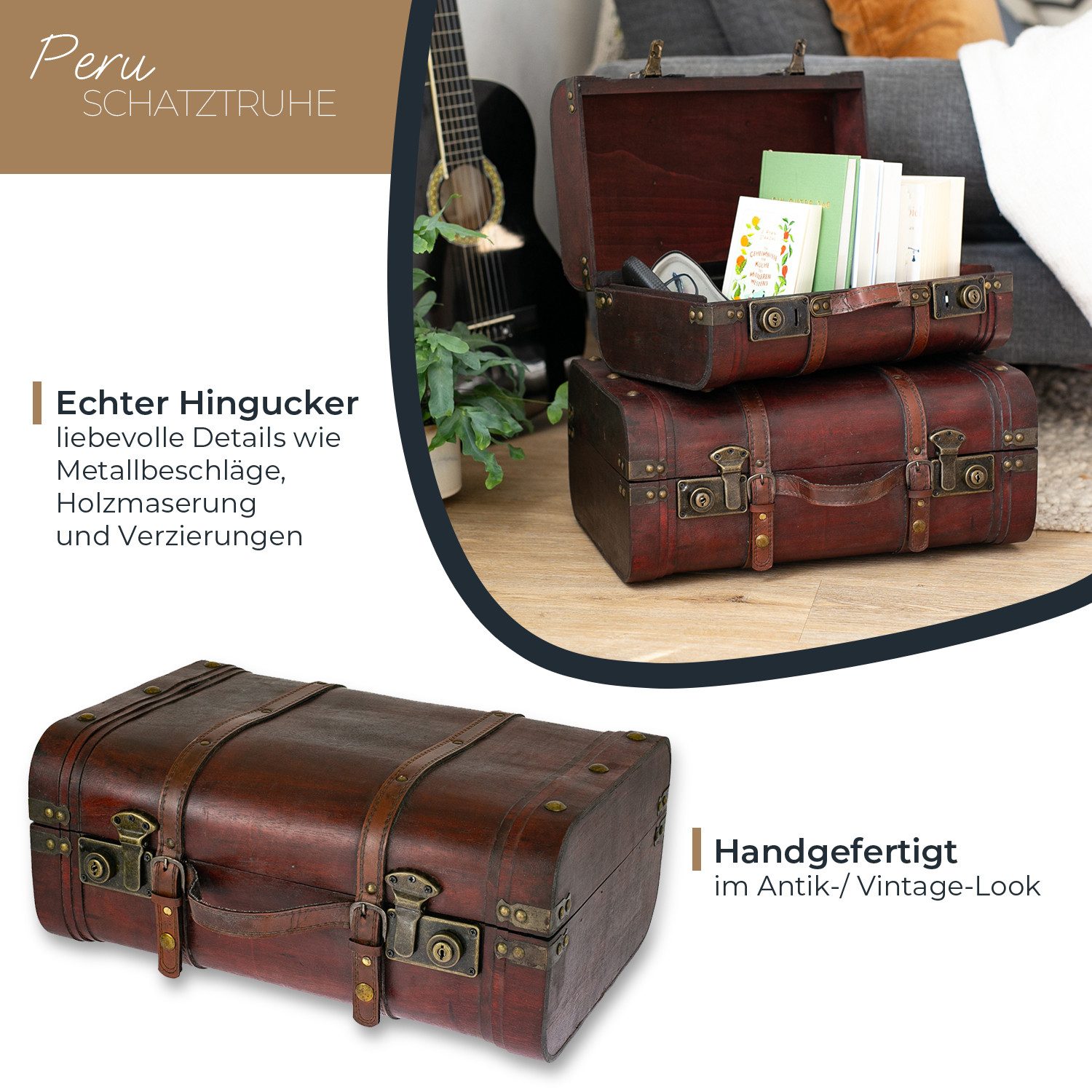 HMF Schatzkiste Schatztruhe aus Holz große Schatzkiste mit Schnappverschlüssen Vintage (1 St), Koffer für Kindergeburtstag Hochzeit Jubiläum, 45 x 30,5 x 20 cm, – Bild 2 von 5
