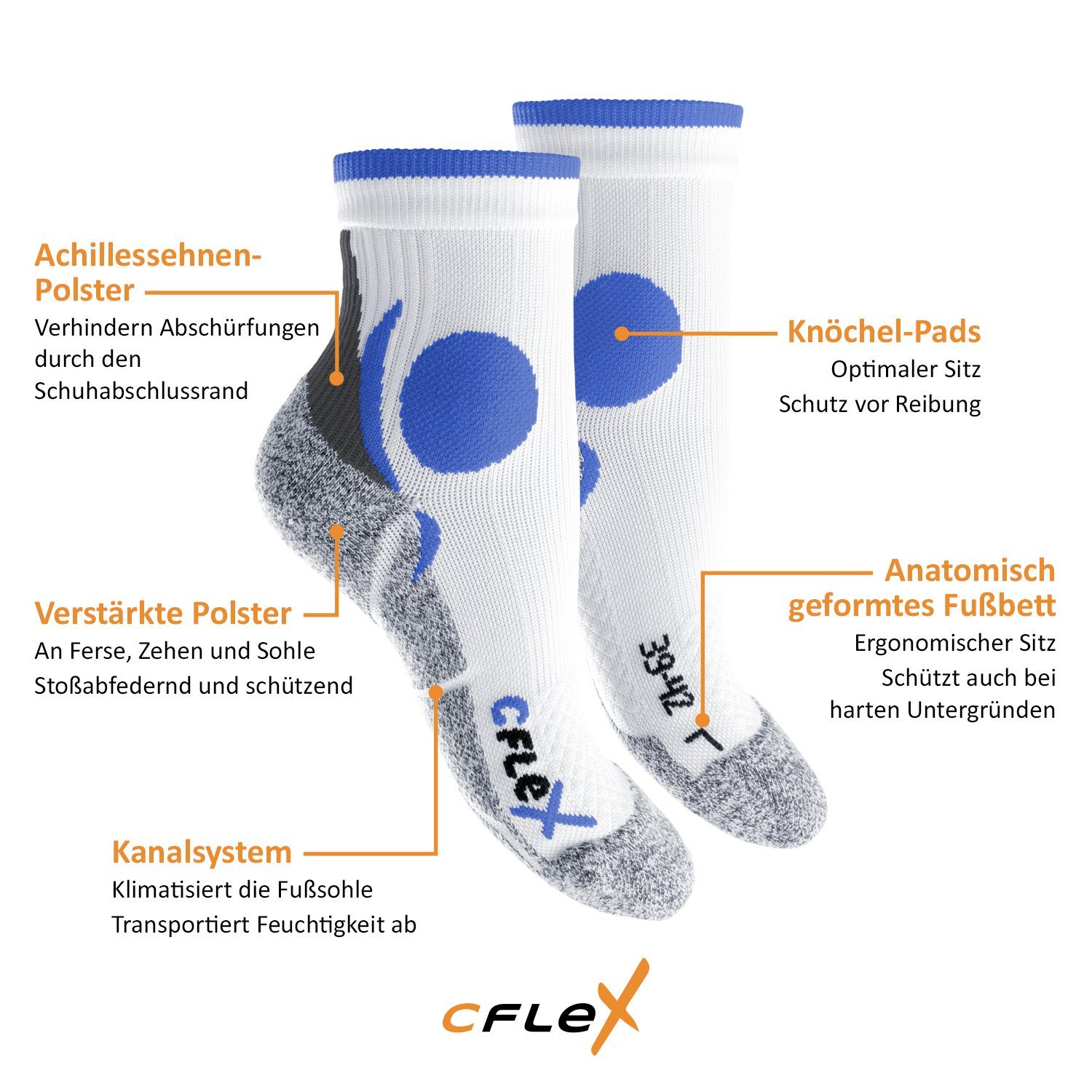 CFLEX Sportsocken Damen und Herren (4 Laufsocken Weiss/Blau Funktions-Socken Paar) Running