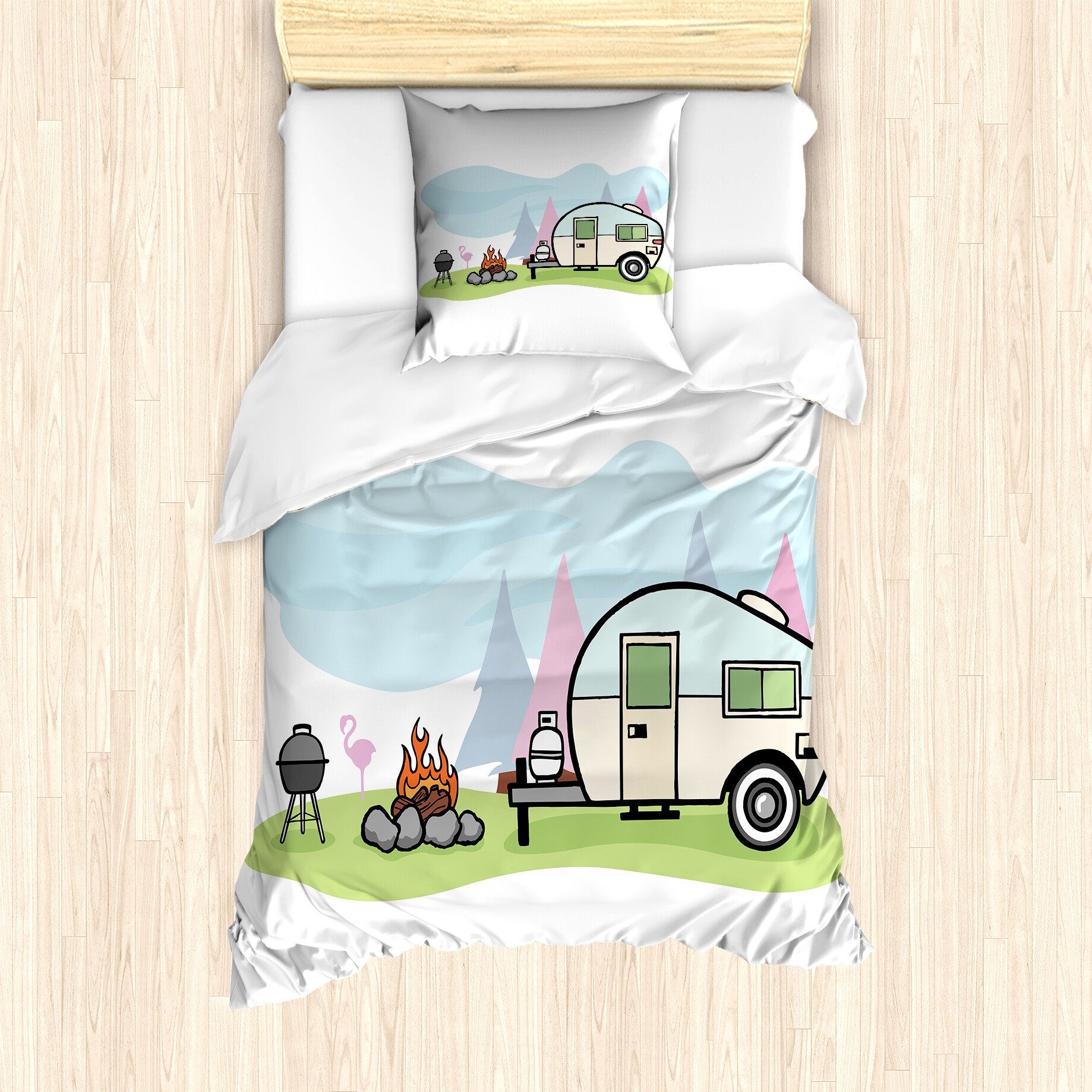Bettwäsche Milbensicher Allergiker geeignet mit Kissenbezug, Abakuhaus, Microfaser, Reise Cartoon-Stil Camping-Szene