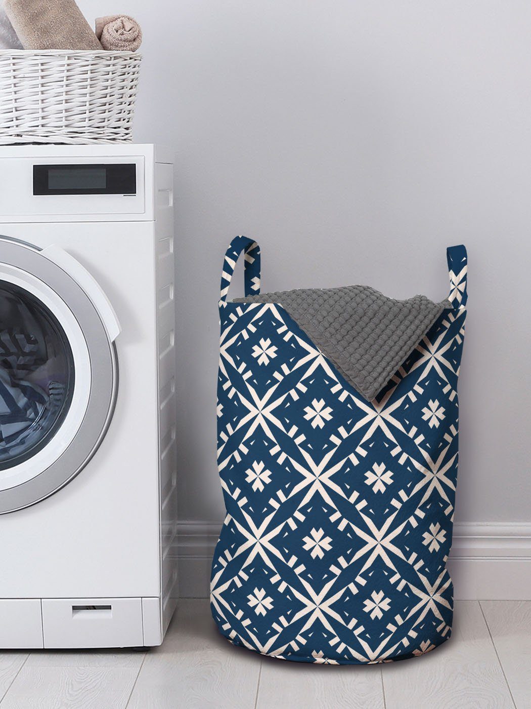 Abakuhaus Wäschesäckchen Wäschekorb mit Griffen Motive Kordelzugverschluss Navy Waschsalons, blau Blumen-Stern Wie für