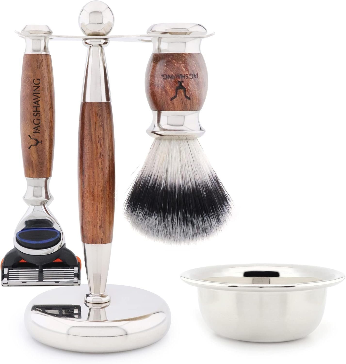 JAG SHAVING Rasierset 4-teiliges Rasierpinsel-Set aus Synthetik und verchromtem Holzmartial, 4-tlg., Gillette Fusion5 Rasierer Synthetik-Rasierpinsel, Doppelhalter, Schale, Beste Hygiene luxuriöses und edles Rasierset für Männer