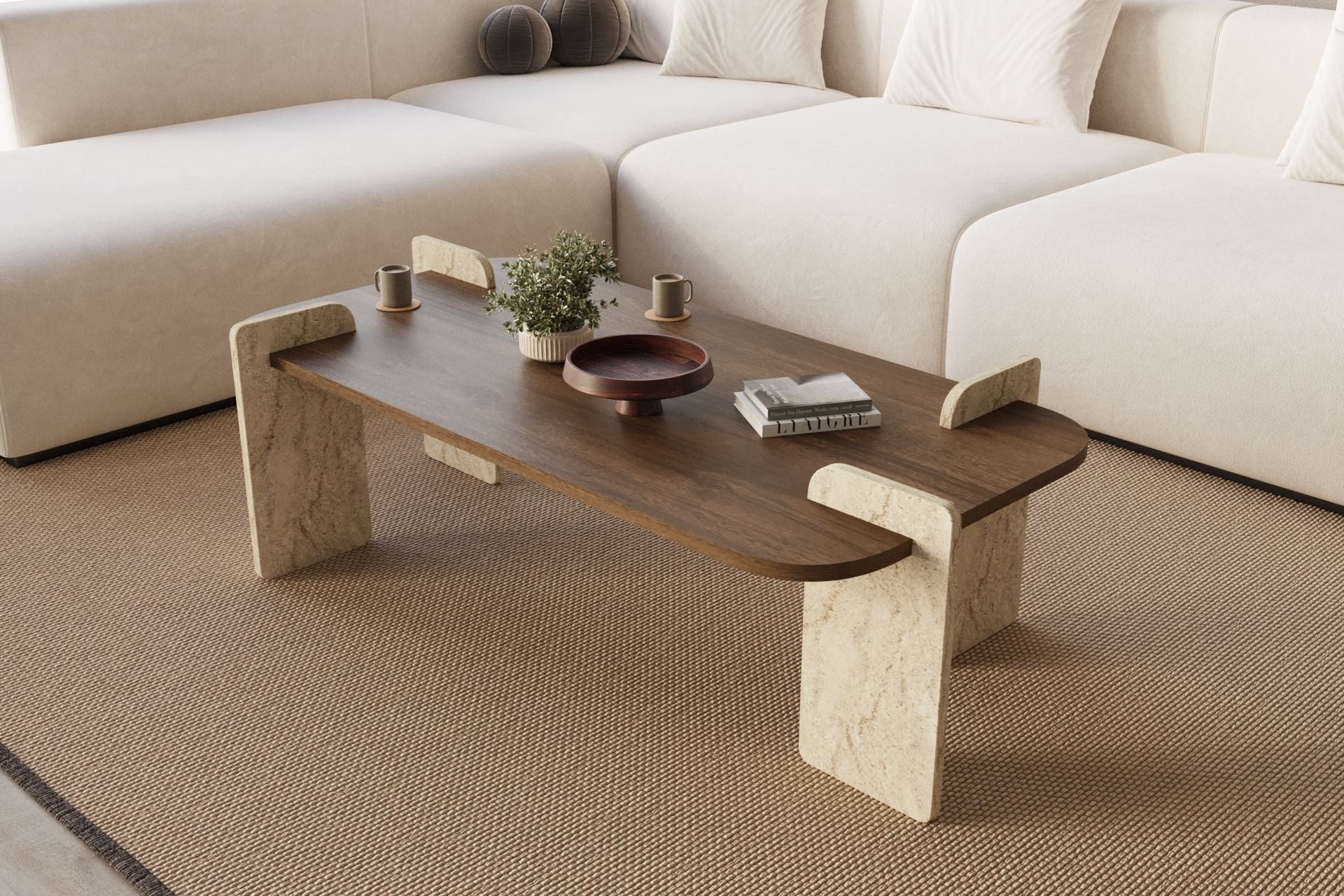 Skye Decor Couchtisch Siam Leapiri (Packung, 1 Tisch), Japandi Deko,Briete 120, Rechteckige Bauform, Travertin Walnuss