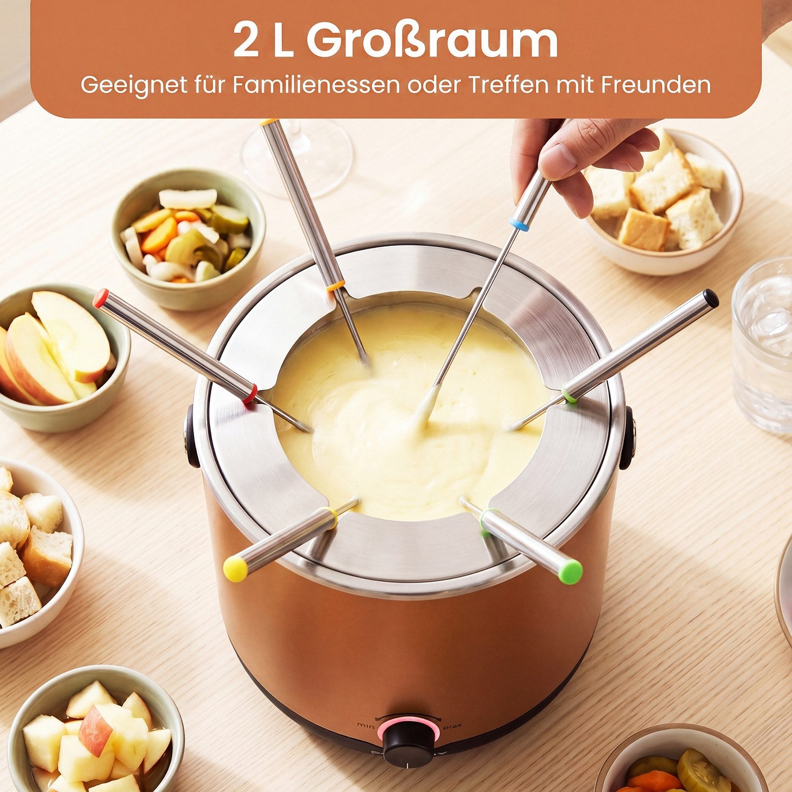 COSTWAY Elektro-Fondue, 2L Fondueset 800W aus Edelstahl, mit 6 Fonduegabeln