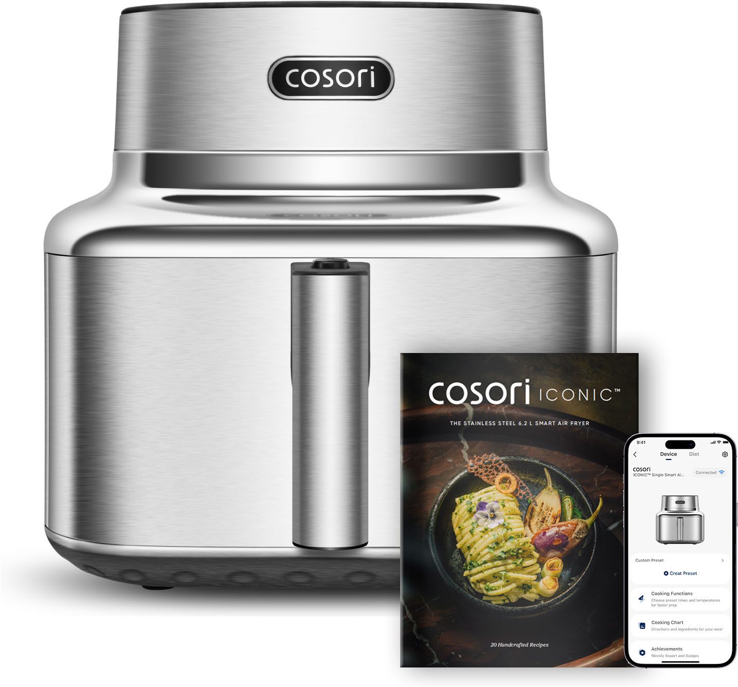 Cosori Heißluftfritteuse ICONIC™ Single CAF-SE601S-CEU, 1725 W, Edelstahl, DC-Motor, 6 Funktionen, 6,2 L, PFAS-freie Keramik