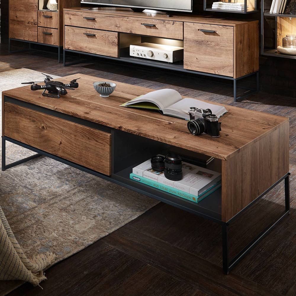 Lomadox Couchtisch MINNEAPOLIS-55, Haveleiche Cognac mit graphit im Industrial-Design 115/42/65cm