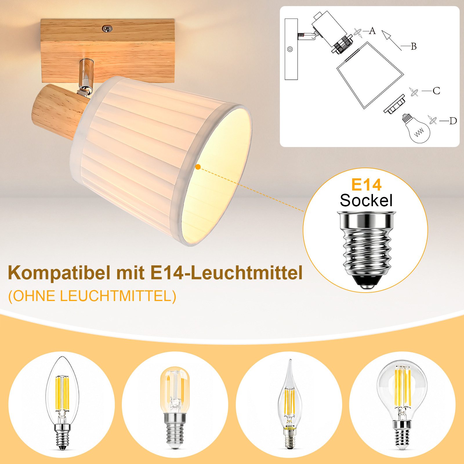 Nettlife Deckenstrahler Retro 1/2/3/4Flammig Holz Deckenleuchte E14 Vintage Boho Deckenspots, Schwenkbar 350°, ohne Leuchtmittel, für Wohnzimmer Schlafzimmer Kü – Bild 5 von 5