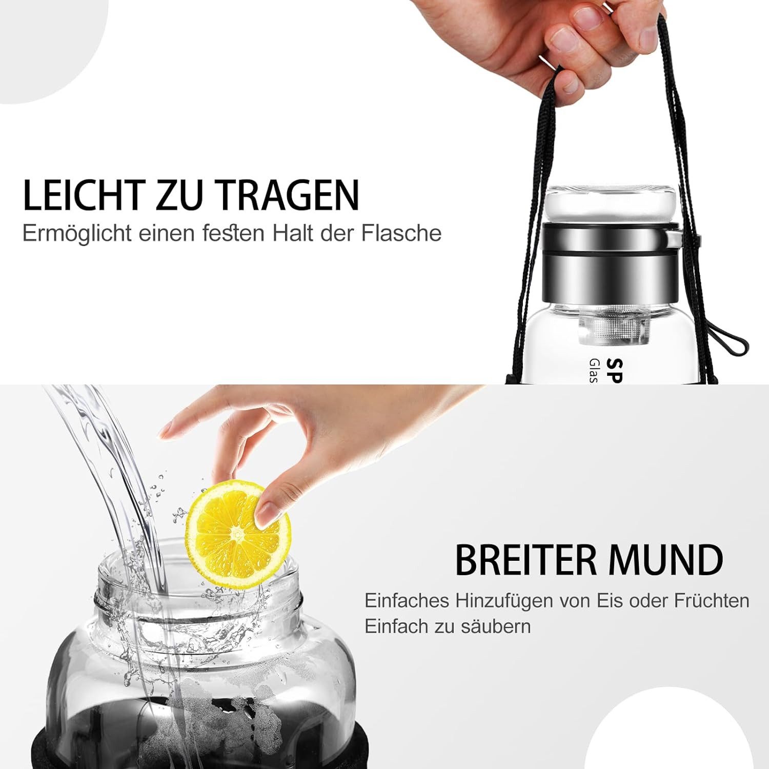 Zaewry Trinkflasche Glasflasche 1L - Wasserflasche Trinkflasche Glas mit Neoprenhülle, Glastrinkflasche mit Edelstahl-Sieb, Glasdeckel als Becher verwendbar – Bild 3 von 5