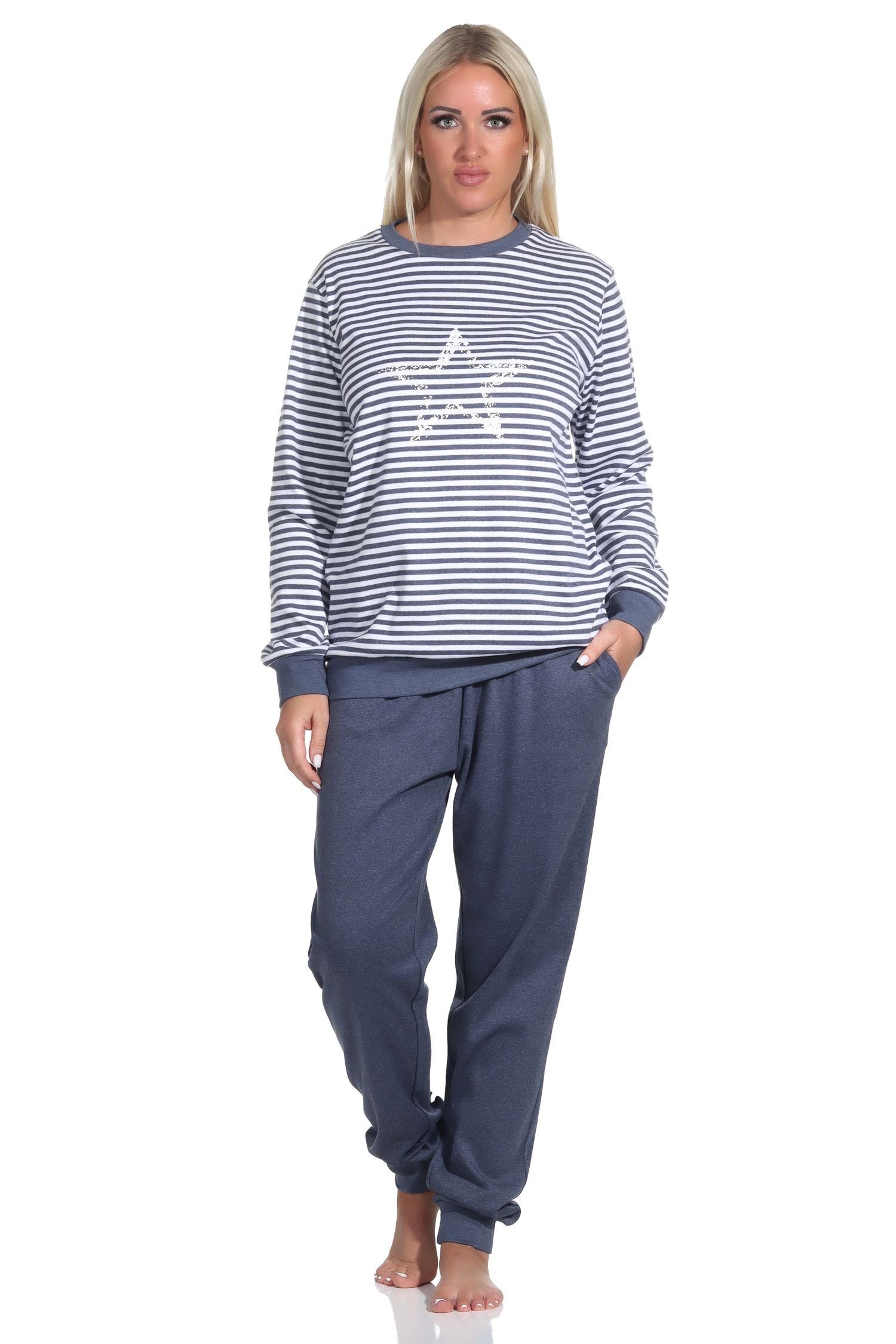 Normann Pyjama Kuscheliger Damen Schlafanzug lang mit Bündchen und Sternenmotiv blau-melange