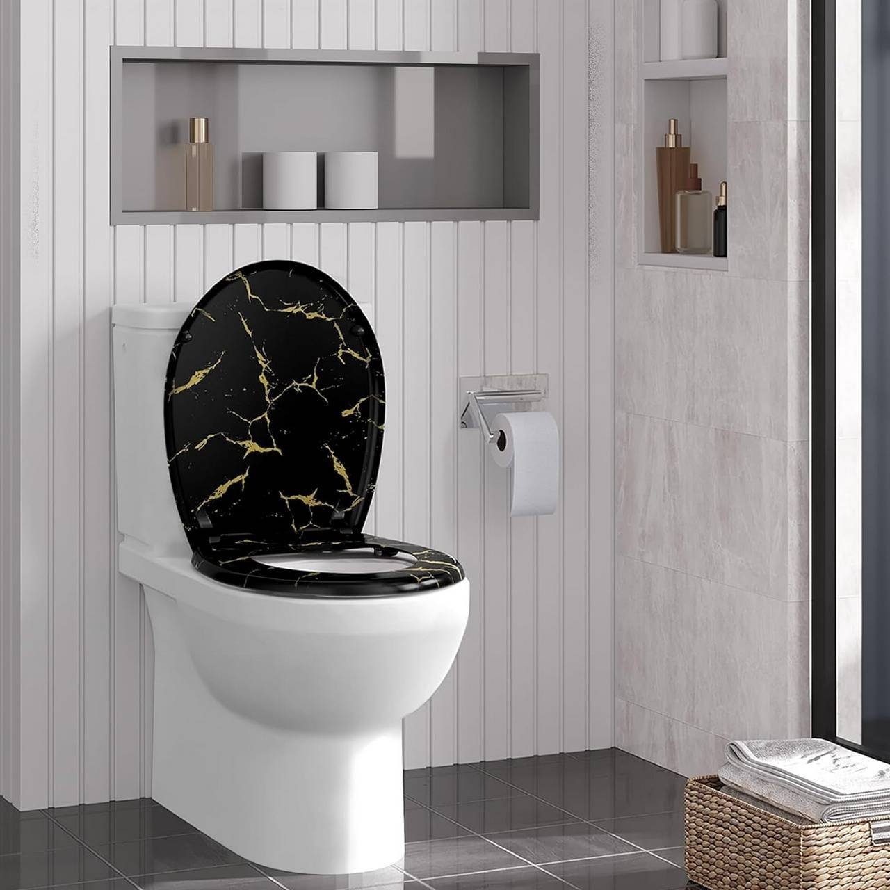 Woltu WC-Sitz (1-St), schwarzer Toilettendeckel mit goldenem Glitzer