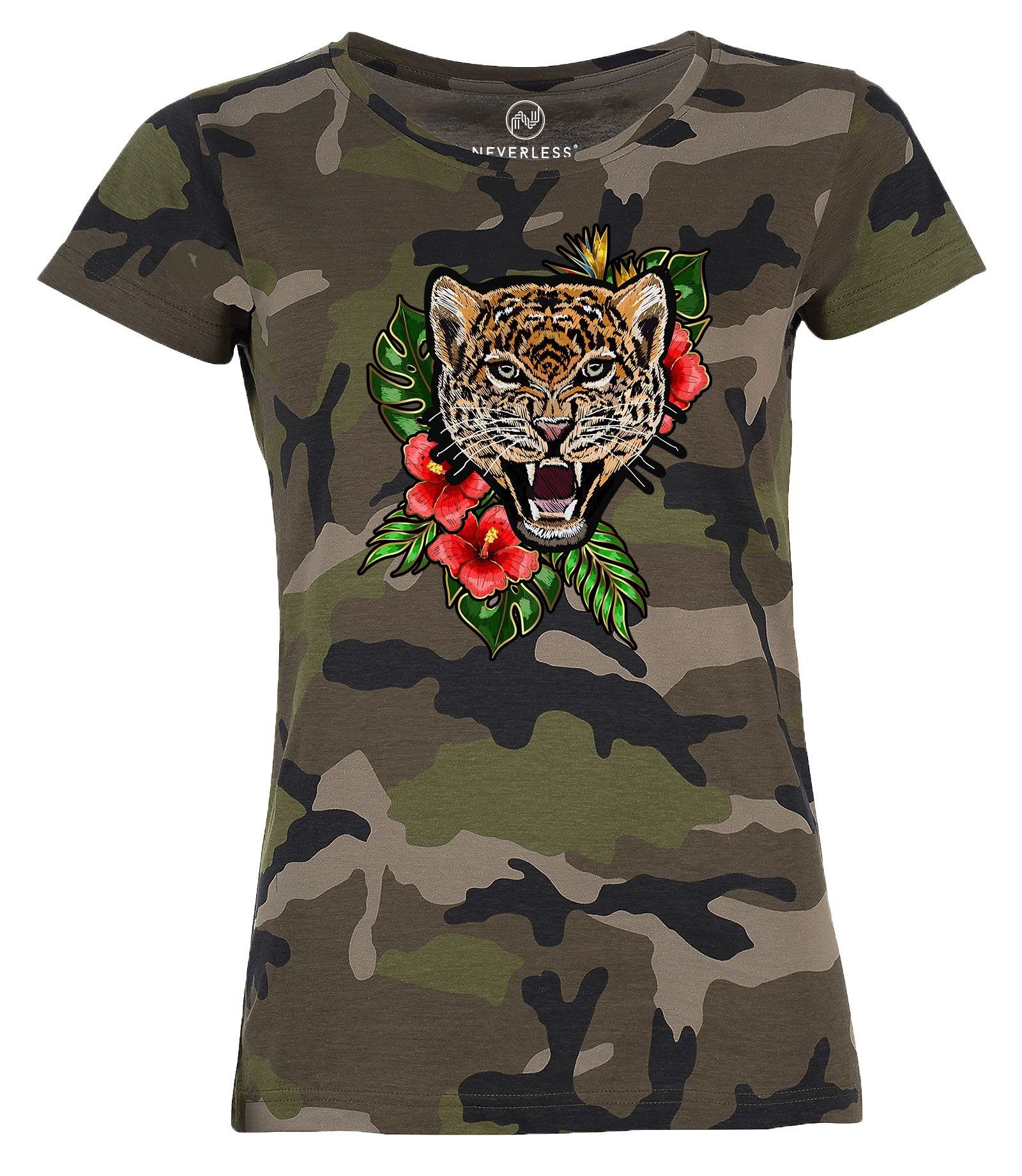 Neverless Print-Shirt »Damen T-Shirt Camouflage Camo-Shirt Tiger Tropical  Palmblätter Sommer Stick-Patch-Optik Tarnmuster Neverless®« mit Print  online kaufen | OTTO