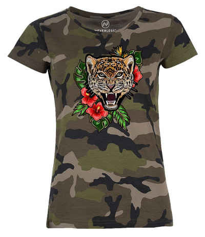 Neverless Print-Shirt Damen T-Shirt Camouflage Camo-Shirt Tiger Tropical Palmblätter Sommer Stick-Patch-Optik Tarnmuster Neverless® mit Print