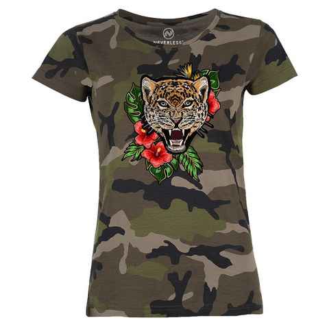Neverless Print-Shirt Damen T-Shirt Camouflage Camo-Shirt Tiger Tropical Palmblätter Sommer Stick-Patch-Optik Tarnmuster Neverless® mit Print