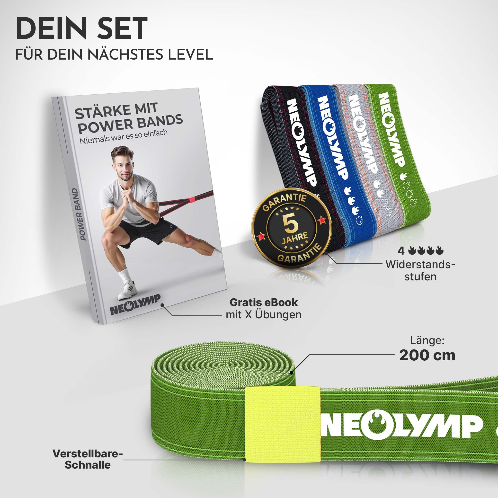 NEOLYMP Trainingsbänder Gymnastikband Stoff für vielseitiges Training - waschbar, Resistance Bands mit Verstellschnalle - Umweltfreundlich, Waschbar