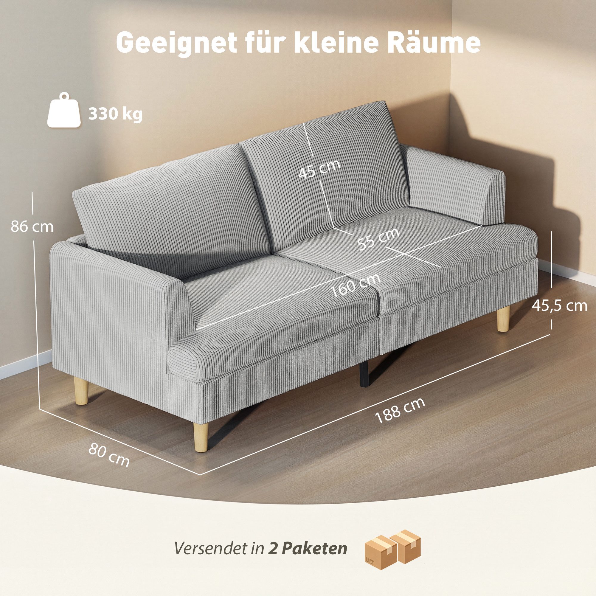 HOMCOM Sofa 3-Sitzer-Sofa, 1 Teile, Mit Federkern, Cordstoff, abnehmbare Bezüge