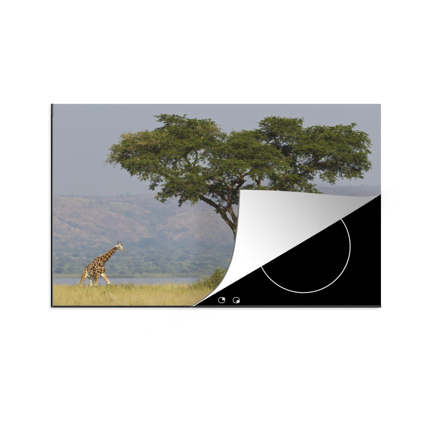 MuchoWow Herdblende-/Abdeckplatte Eine Giraffe in der Savanne des Murchison Falls National Park, Vinyl, (1 tlg), 81x52 cm, Induktionskochfeld Schutz für die küche, Ceranfeldabdeckung