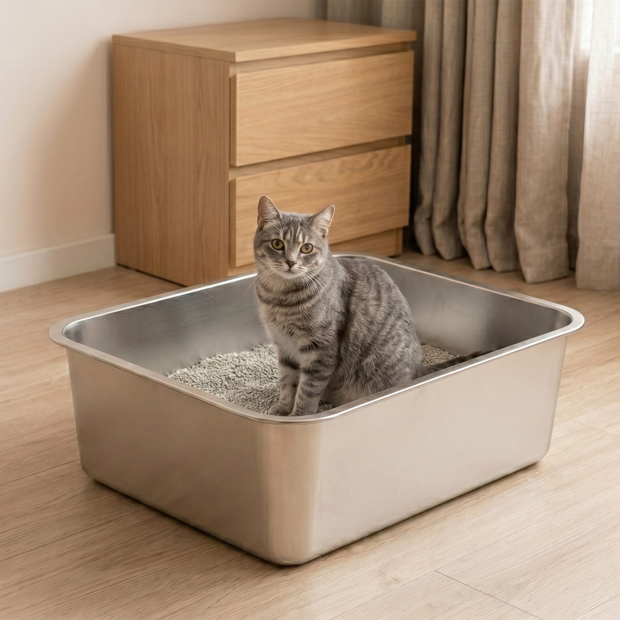 DAITORE Katzenecktoilette Groß Katzenklo Edelstahl 44.5x34.5x14.5cm, mit Hohem Rand, Leicht zu Reinigen Antihaft