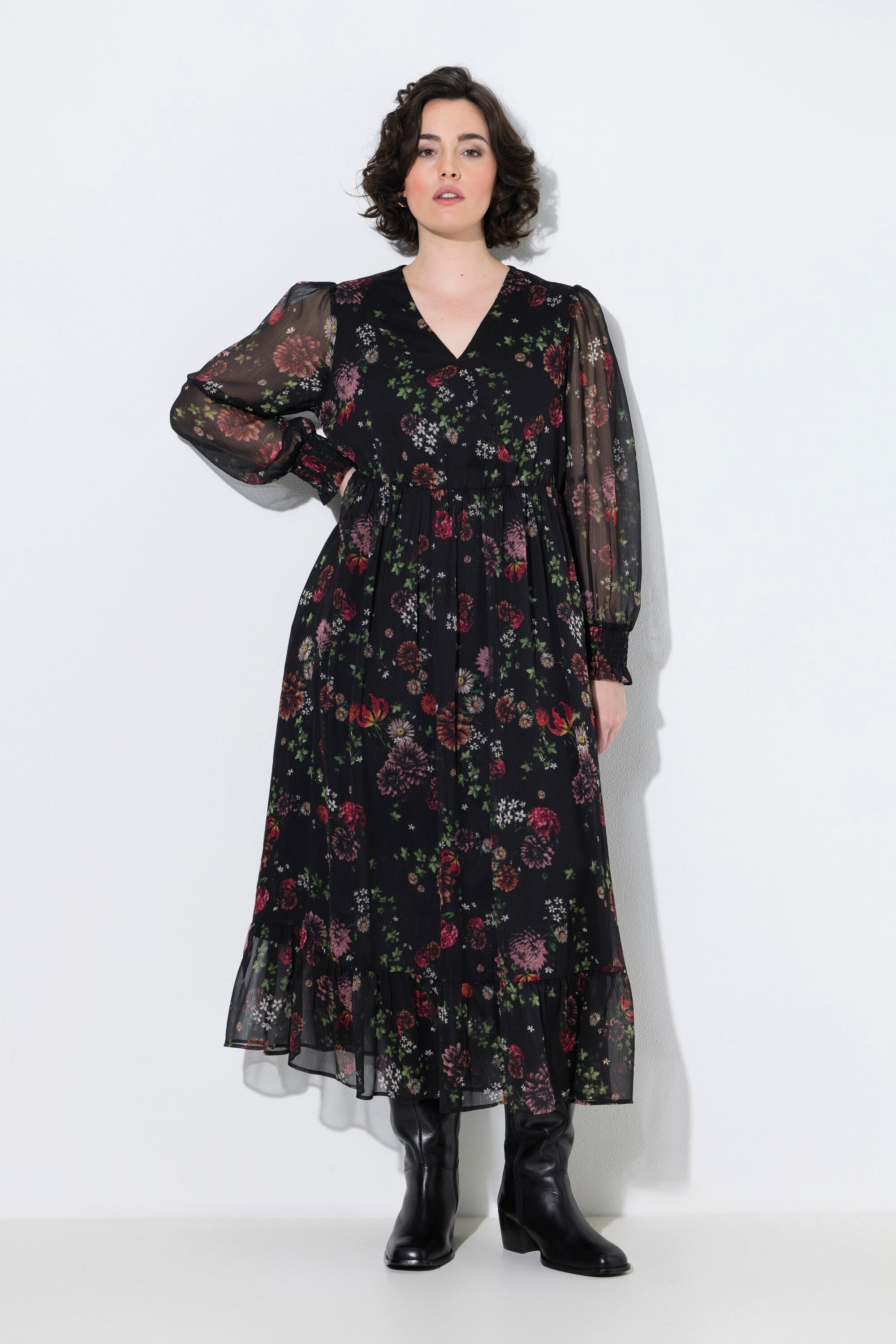 Ulla Popken Maxikleid Maxikleid Chiffon A-Linie V-Ausschnitt Langarm
