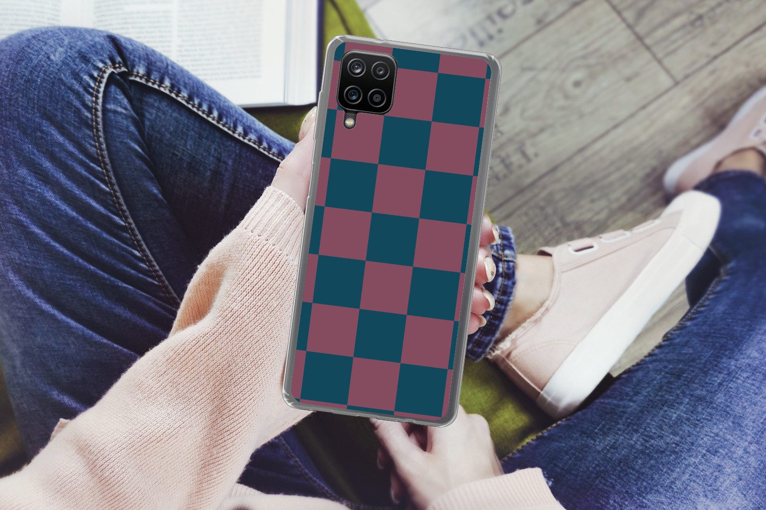 MuchoWow Handyhülle für Samsung Galaxy A12 Schachbrett Druck - Blau - Rot - Würfel, Smartphone-Bumper, Print, Handy Schutzhülle Dünn