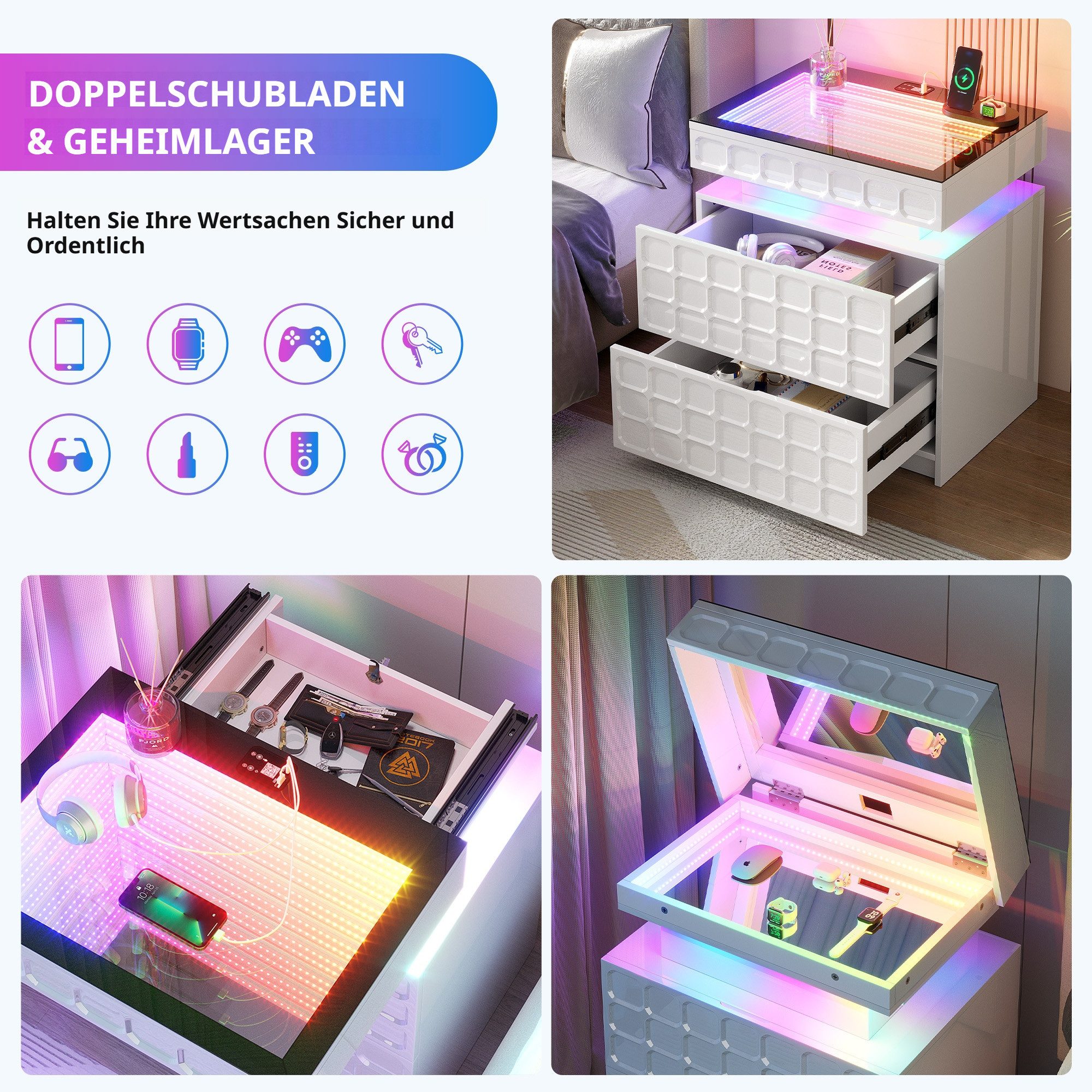 LVSOMT Nachttisch mit Ladestation und RGB, verstecktem Stauraum (1-St), 50×40×59.9cm, weiß – Bild 5 von 5
