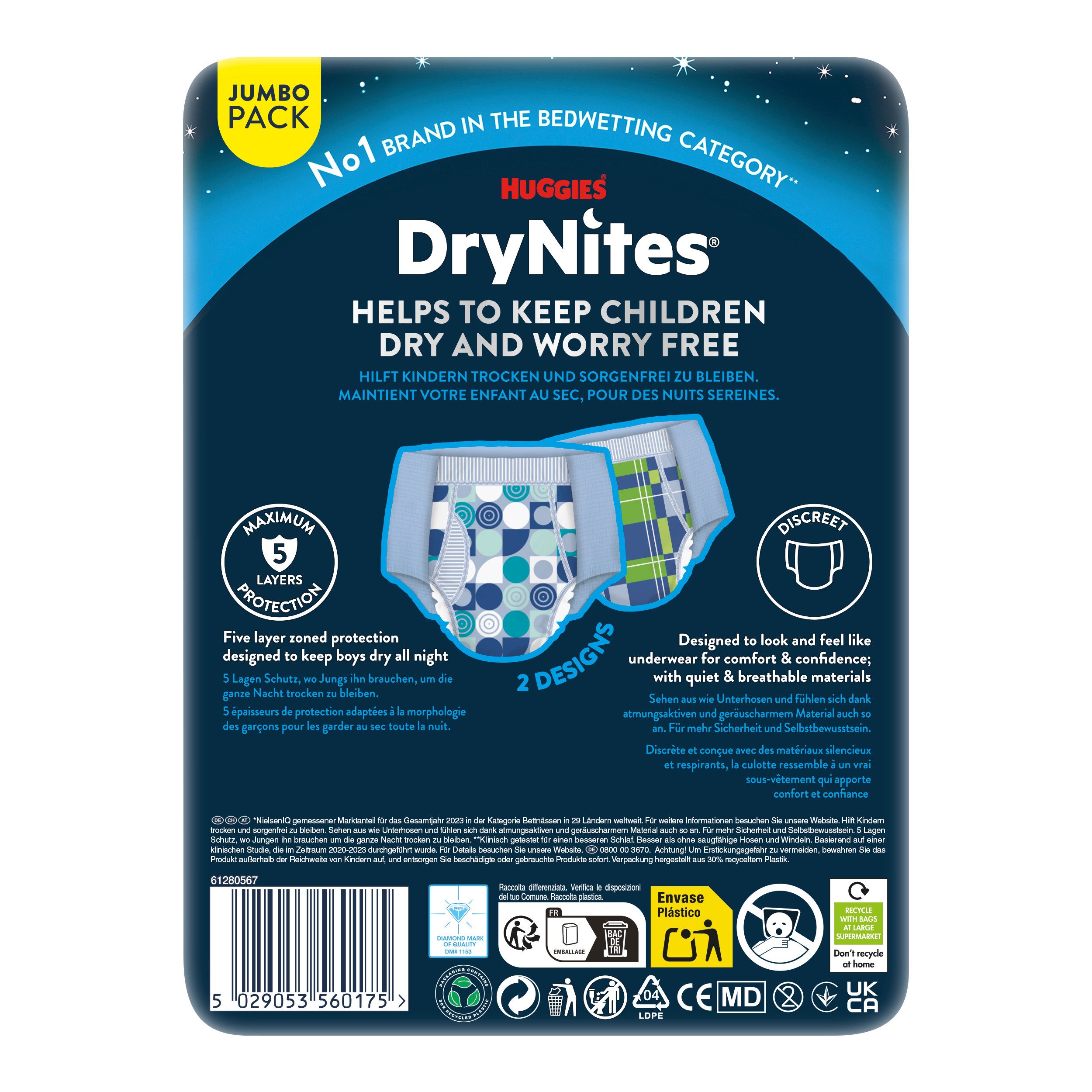 HUGGIES Windeln DryNites Nacht Windeln Jungen 8-13 J. (30-48 kg) 52 Stk (Vorratspack, 52 Windeln), Windelhose