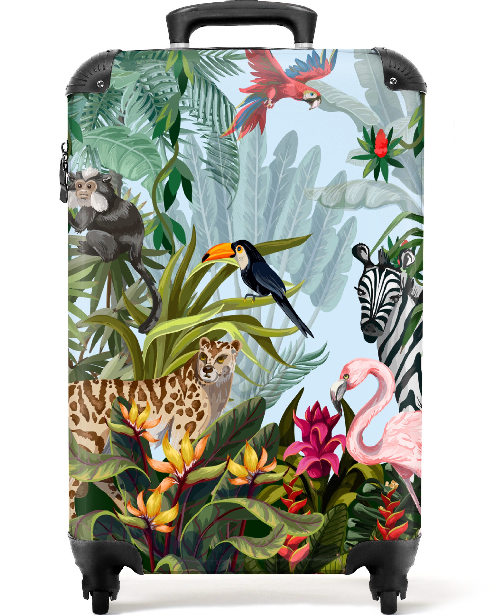 NoBoringSuitcases.com© Kinderkoffer Dschungel - Natur - Jungen - Mädchen - Kinder - Zebra - Flamingo 55x35, 4 Rollen, Kinder Koffer Klein, Trolley Handgepäck, Reisekoffer