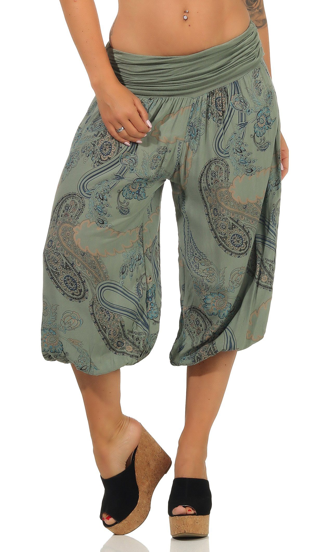 malito more than fashion Caprihose 7186 kurze Pluderhose mit Allover Print oliv