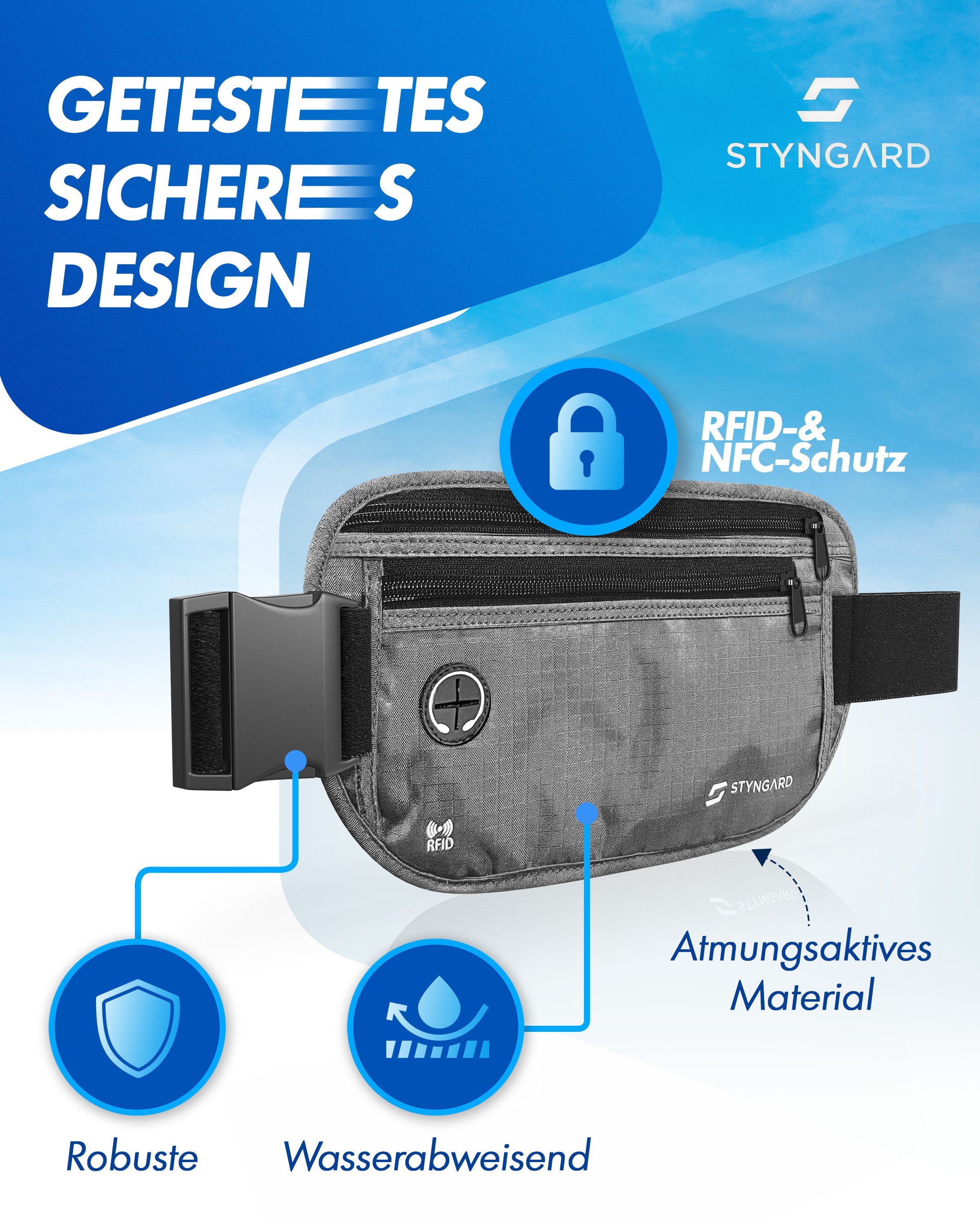 Styngard Bauchtasche Madrid, Flache Bauchtasche Diebstahlsicher RFID Schutz