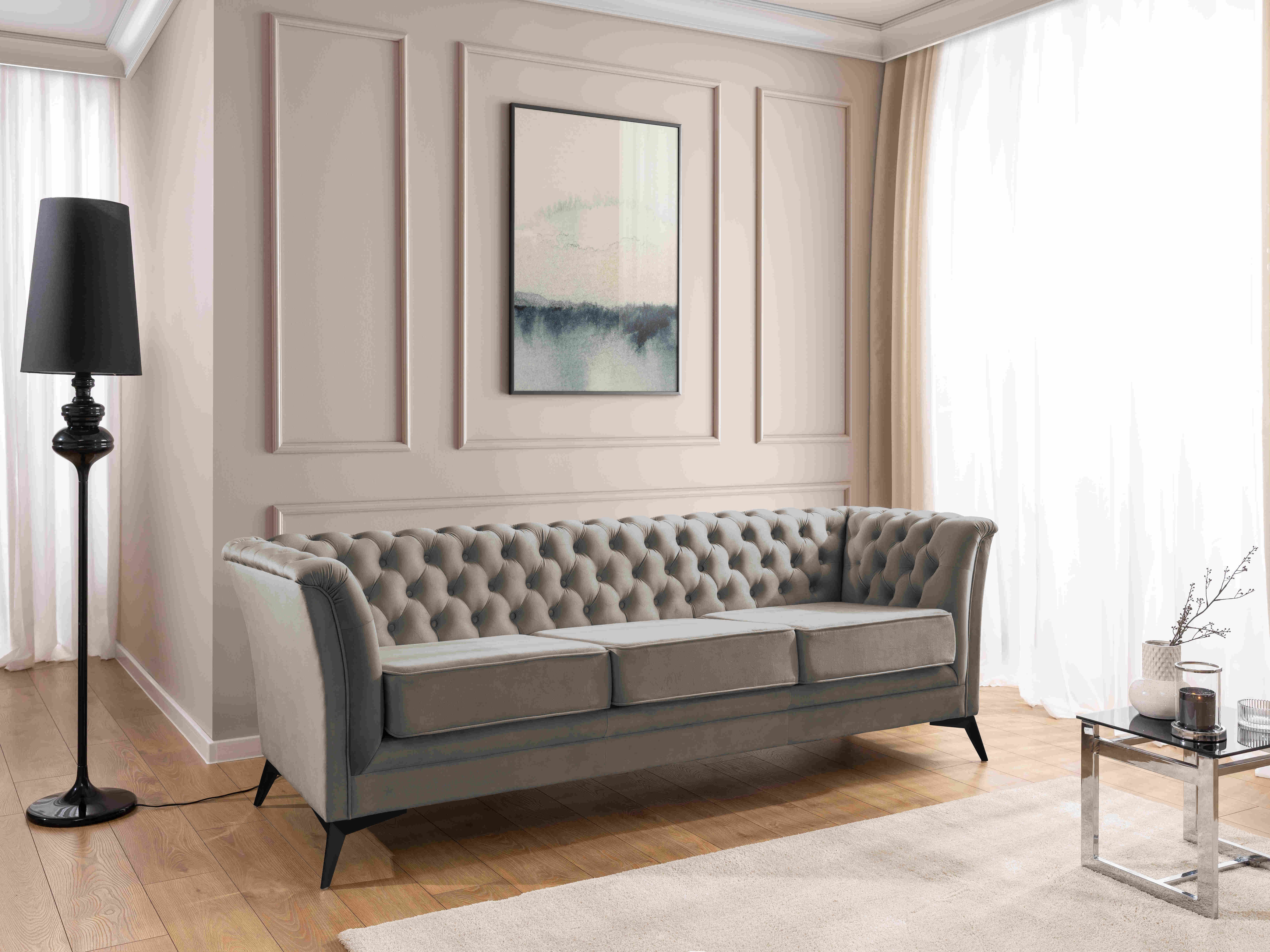 S-Style Möbel Chesterfield-Sofa Whitby, 3-Sitzer aus Samt mit goldenen, silbernen oder schwarzen Füßen, mit Wellenfederung