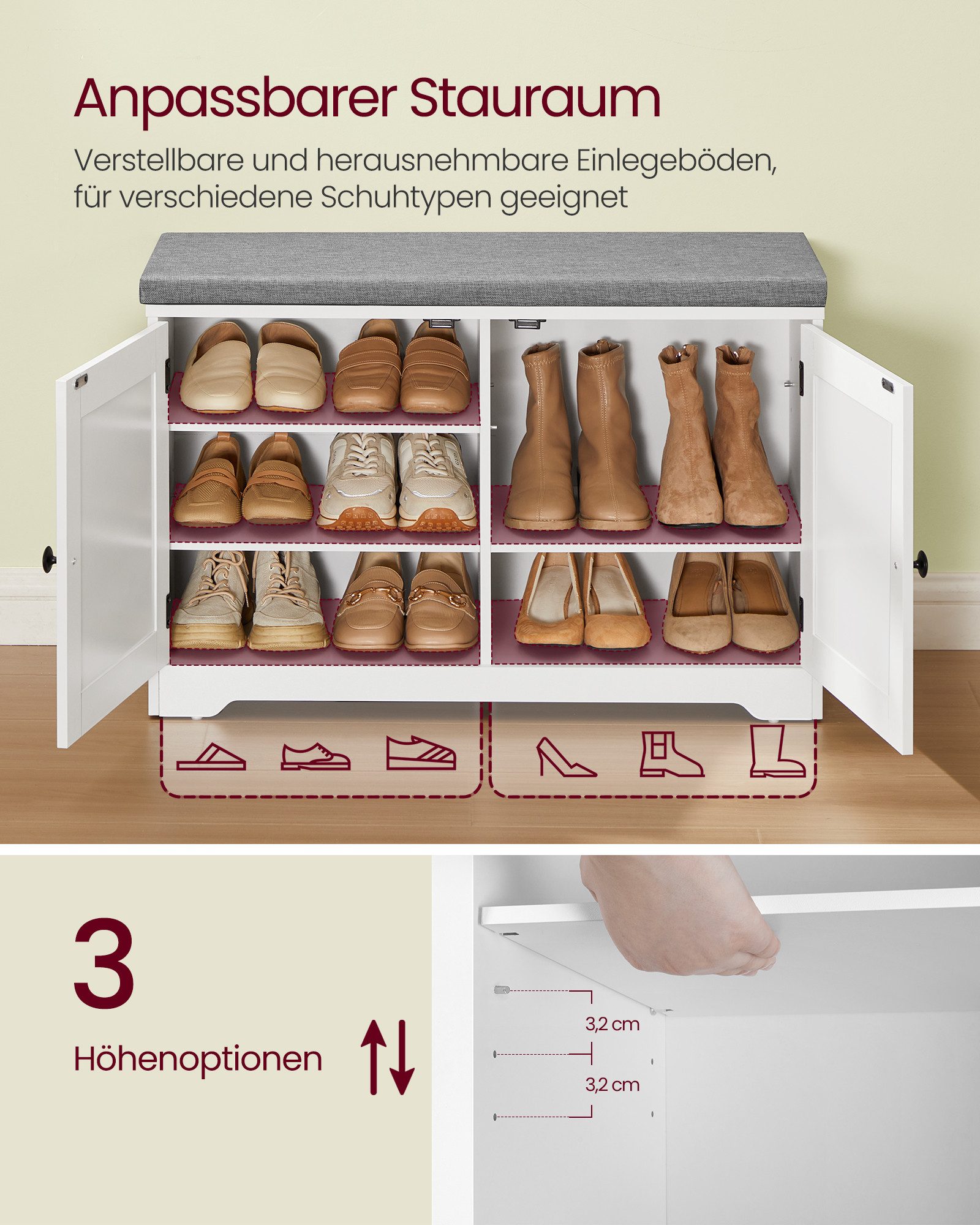 VASAGLE Schuhbank mit Stauraum, 3 Ebenen, Schuhbank, verstellbaren Ablagen, weiß-grau, mit Sitzkissen, 35,5 x 81 x 52,5 cm