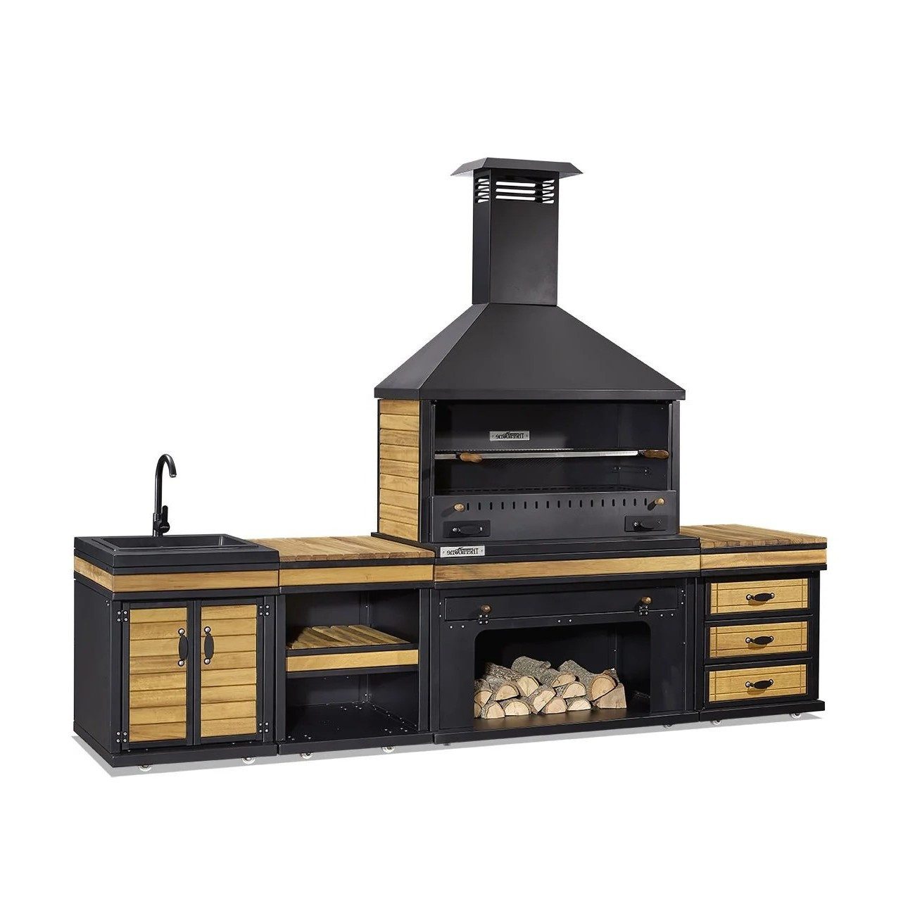 Xlmoebel Outdoor-Küche XLMOEBEL Außenküche aus Holz und Edelstahl in Schwarz-Braun, Made in Europa
