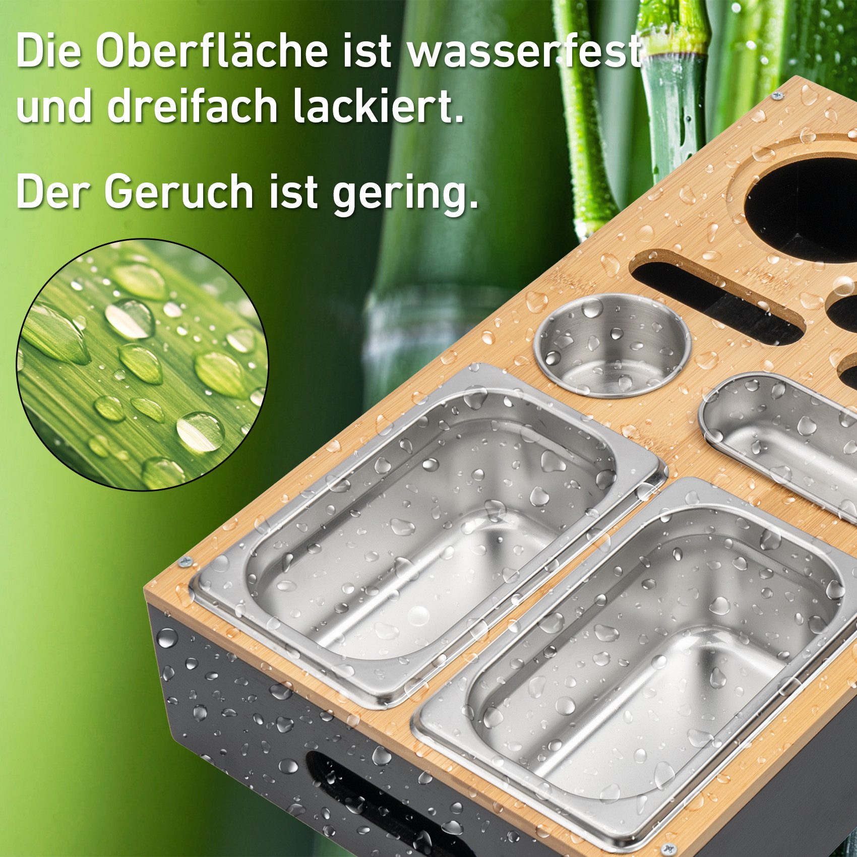 ElitVita Tabletttisch Couchbar Snackbox aus Bambus mit Edelstahlschalen, Sofatablett (1-St), mit Flaschenhalter & Korkenzieher,Snack Tablett für Couchbar,Kinoab – Bild 5 von 5
