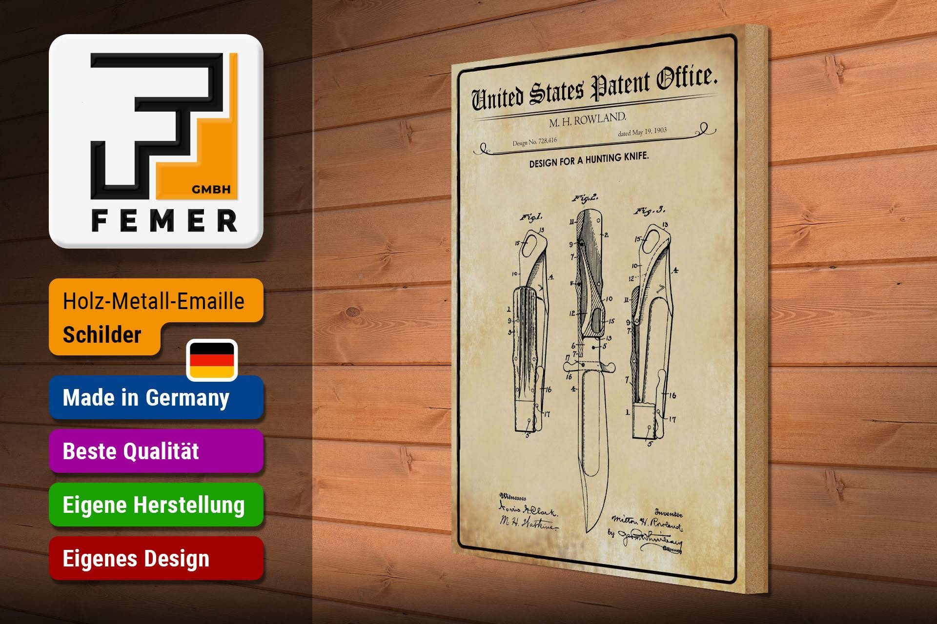 Femer GmbH Holzbild Patent 30x40 cm Entwurf für ein Jagdmesser, (1 St), Glatte Holzfaserplatte (MDF), vorn beschichtet