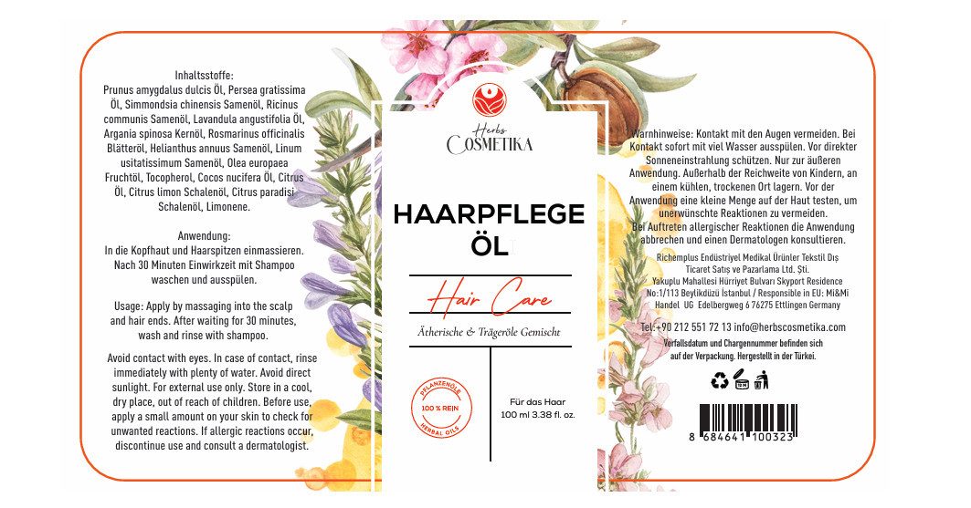 Herbs Cosmetica Haaröl Haarpflegeöl – 100 % pflanzlich pflegend regenerierend stärkend 100 ml, Ideal für trockenes strapaziertes glanzloses Haar