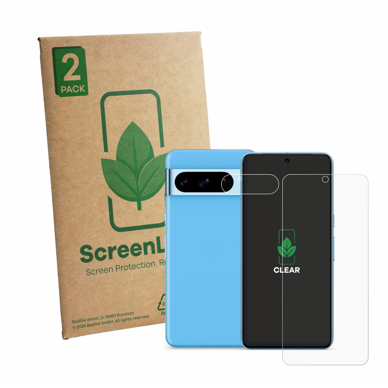 ScreenLeaf Displayschutzfolie Schutzfolie für Google Pixel 8 Pro (Display+Kamera), 2 Stück, Displayschutz Schutz Folie Klar Transparent