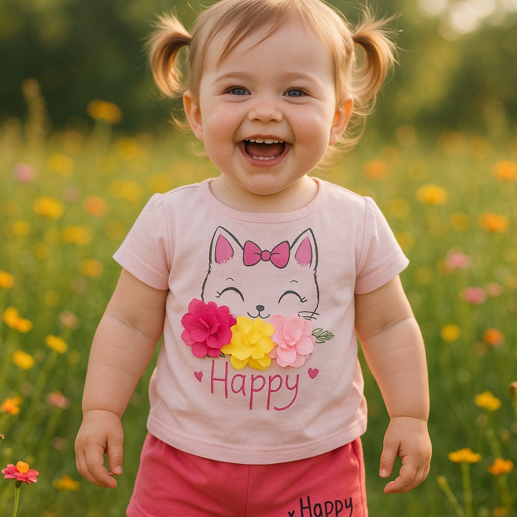T-Shirt & Shorts Mädchen Outfit, 2-teiliges Set, T-Shirt + Shorts, 100% Baumwolle, Rosa