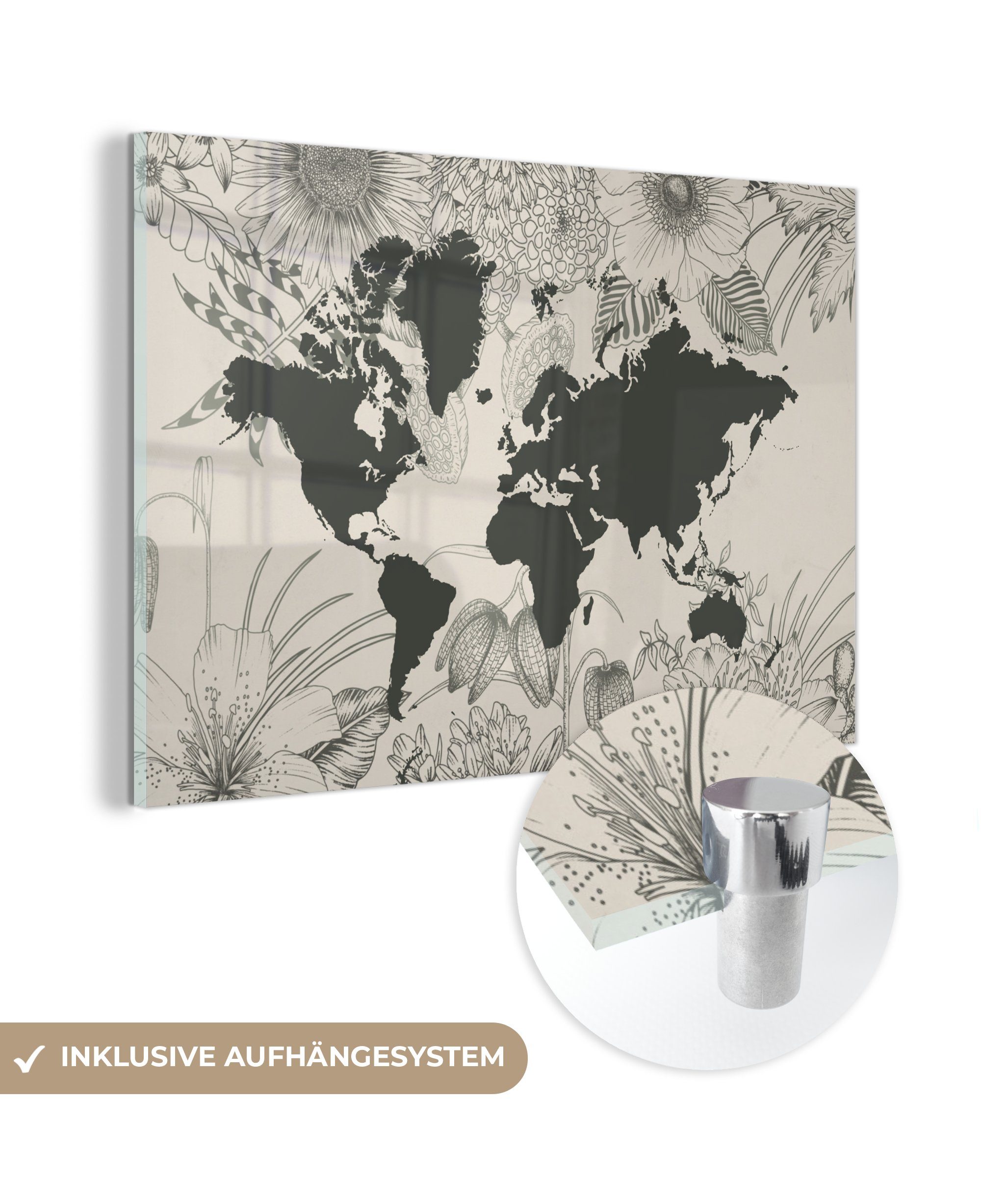 MuchoWow Acrylglasbild Weltkarte - Blumen - Grau, (1 St), Glasbilder - Bilder auf Glas Wandbild - Foto auf Glas - Wanddekoration