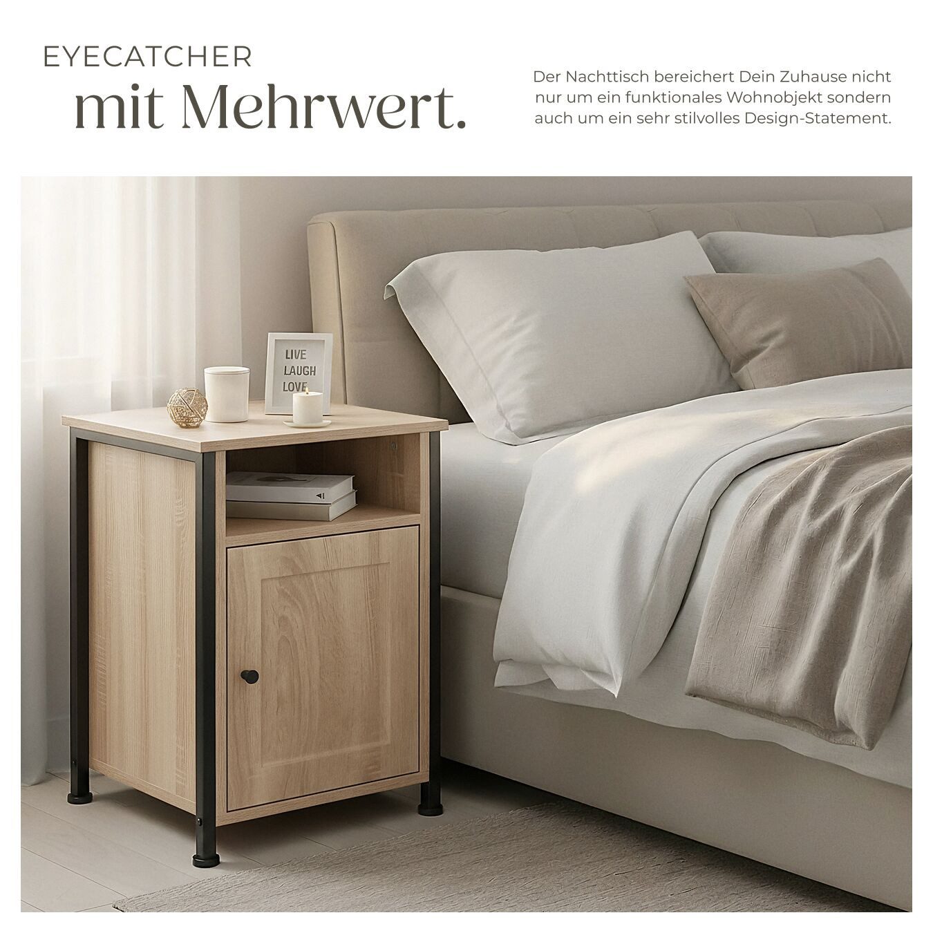 tectake Nachttisch Couchtisch mit höhenverstellbaren Kunststofffüßen, 40 x 42 x 60,5 cm (Beistelltisch Blackburn, 1-St., in Industrial Holz hell, Eiche Sonoma), – Bild 5 von 5