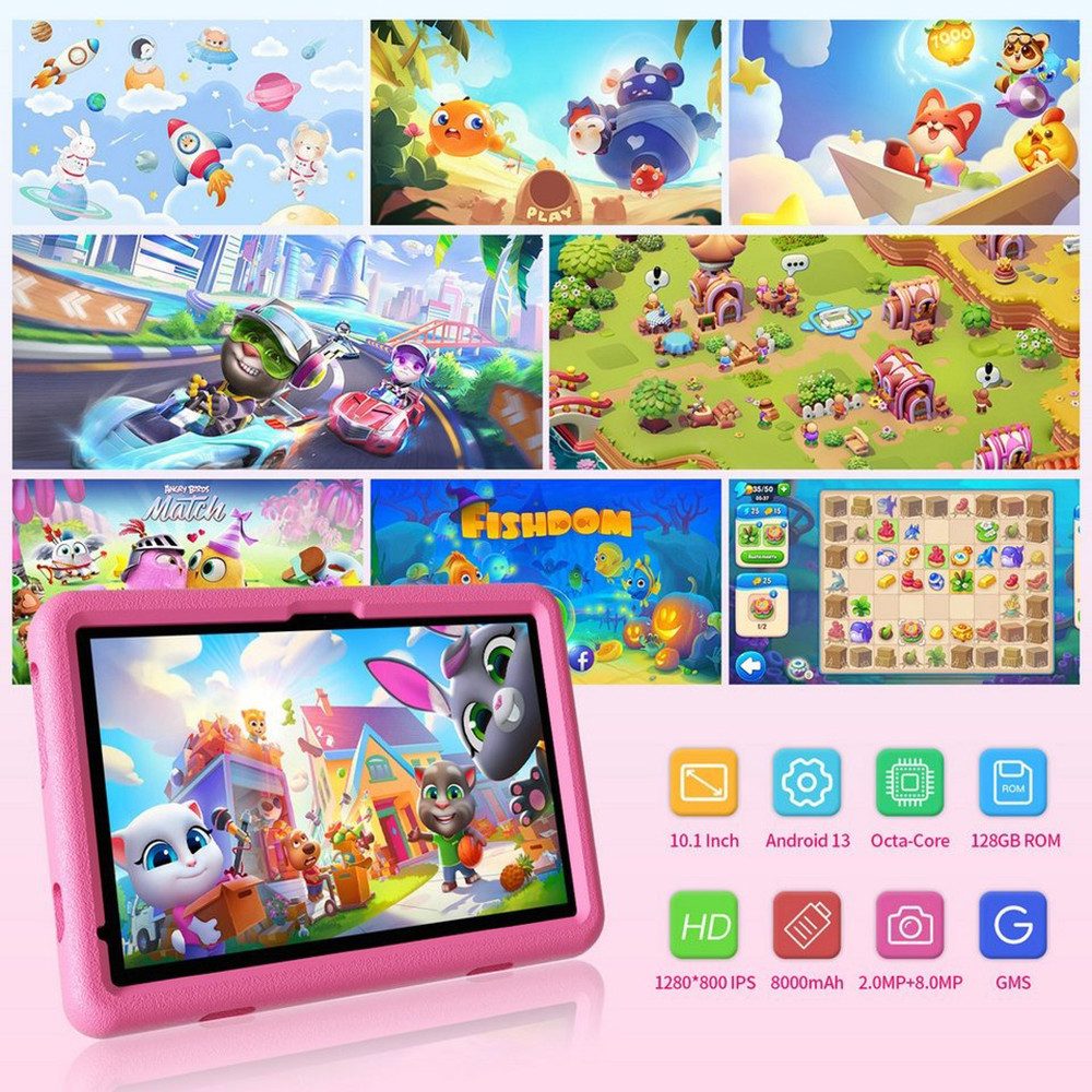 VASOUN TAB11 Kinder-Tablet 10 Zoll,128 GB,8000mAh Tablet (10.1", 128 GB, (Android,WiFi,Dual-Kamera,Bumper Kindersicherung,Elterliche Kontrolle) rosa